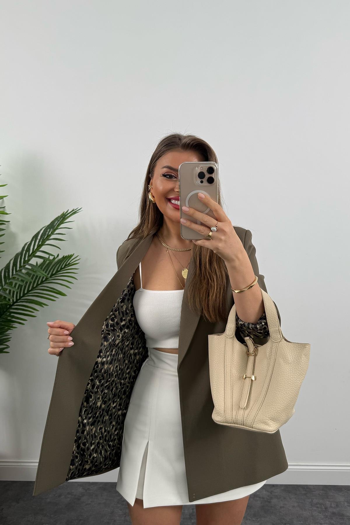 Premium Kalite Leopar Astarlı Double Kumaş Blazer Ceket Koyu Haki