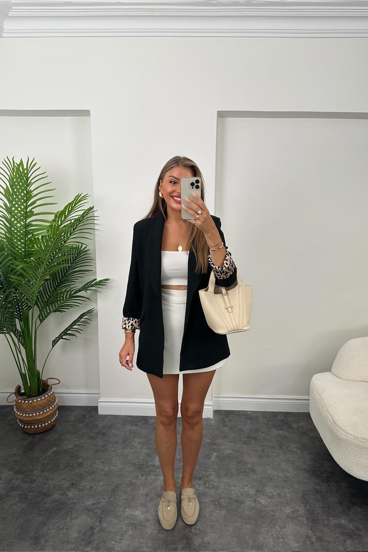 Premium Kalite Leopar Astarlı Double Kumaş Blazer Ceket Siyah