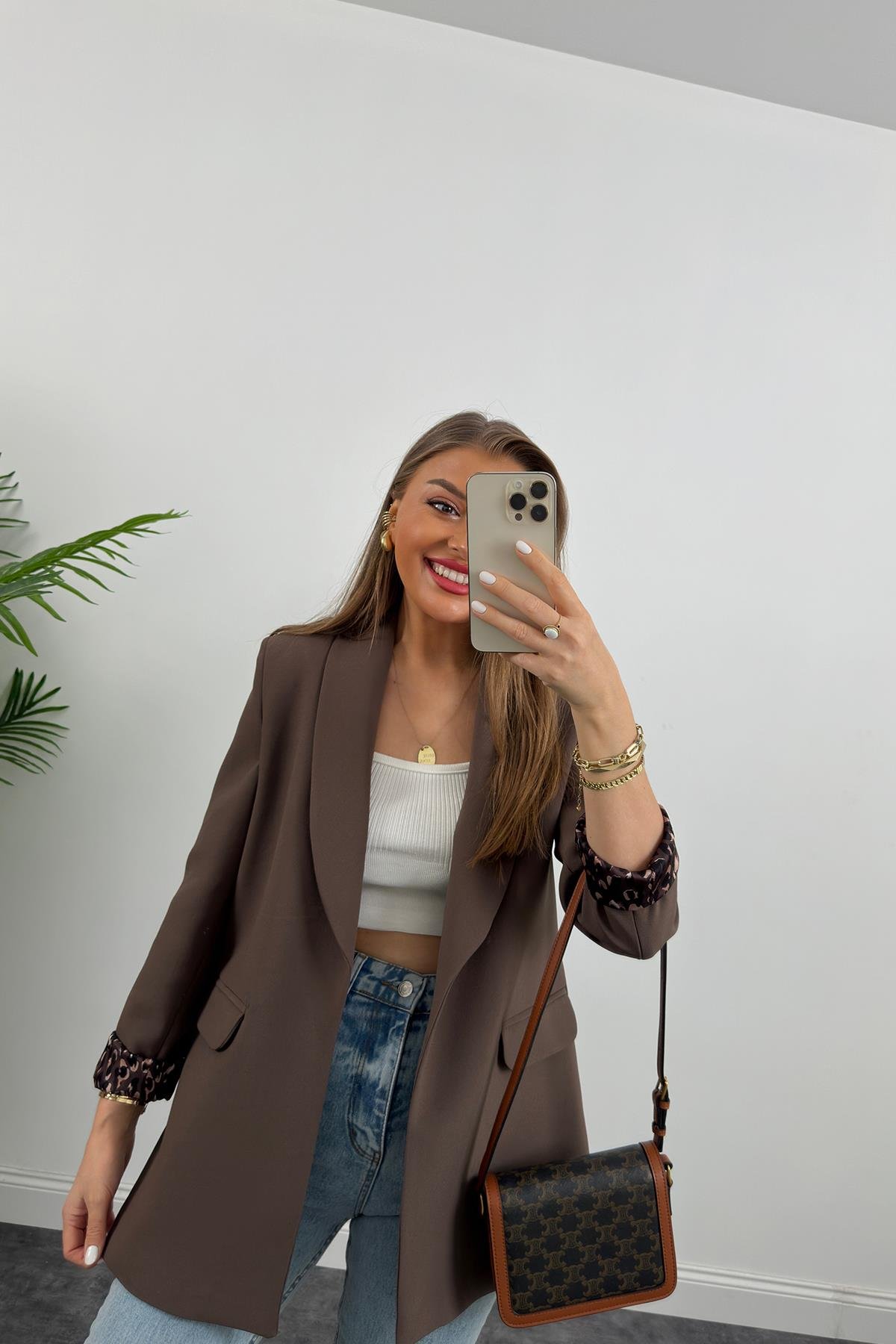 Premium Kalite Leopar Astarlı Double Kumaş Blazer Ceket Acı Kahve