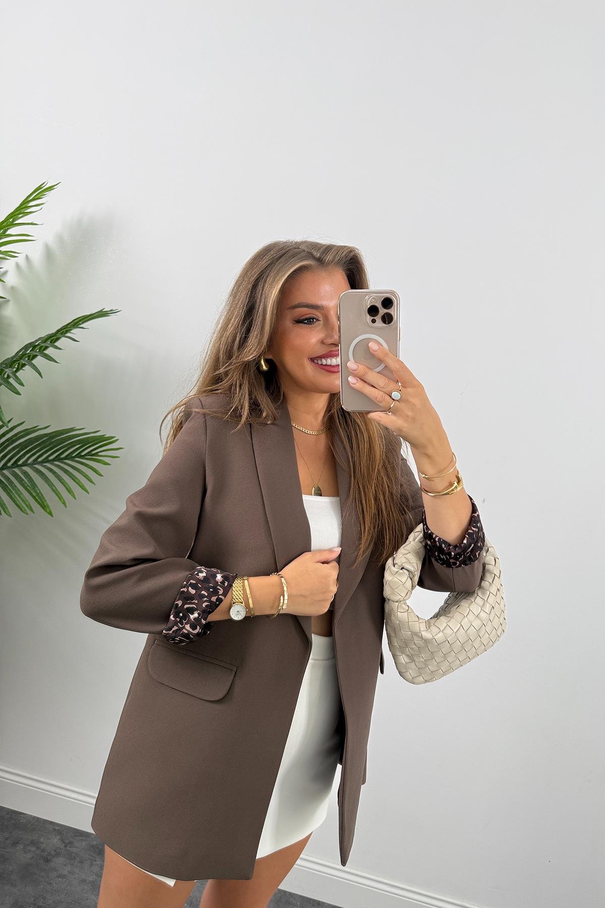 Premium Kalite Leopar Astarlı Double Kumaş Blazer Ceket Koyu Kahve