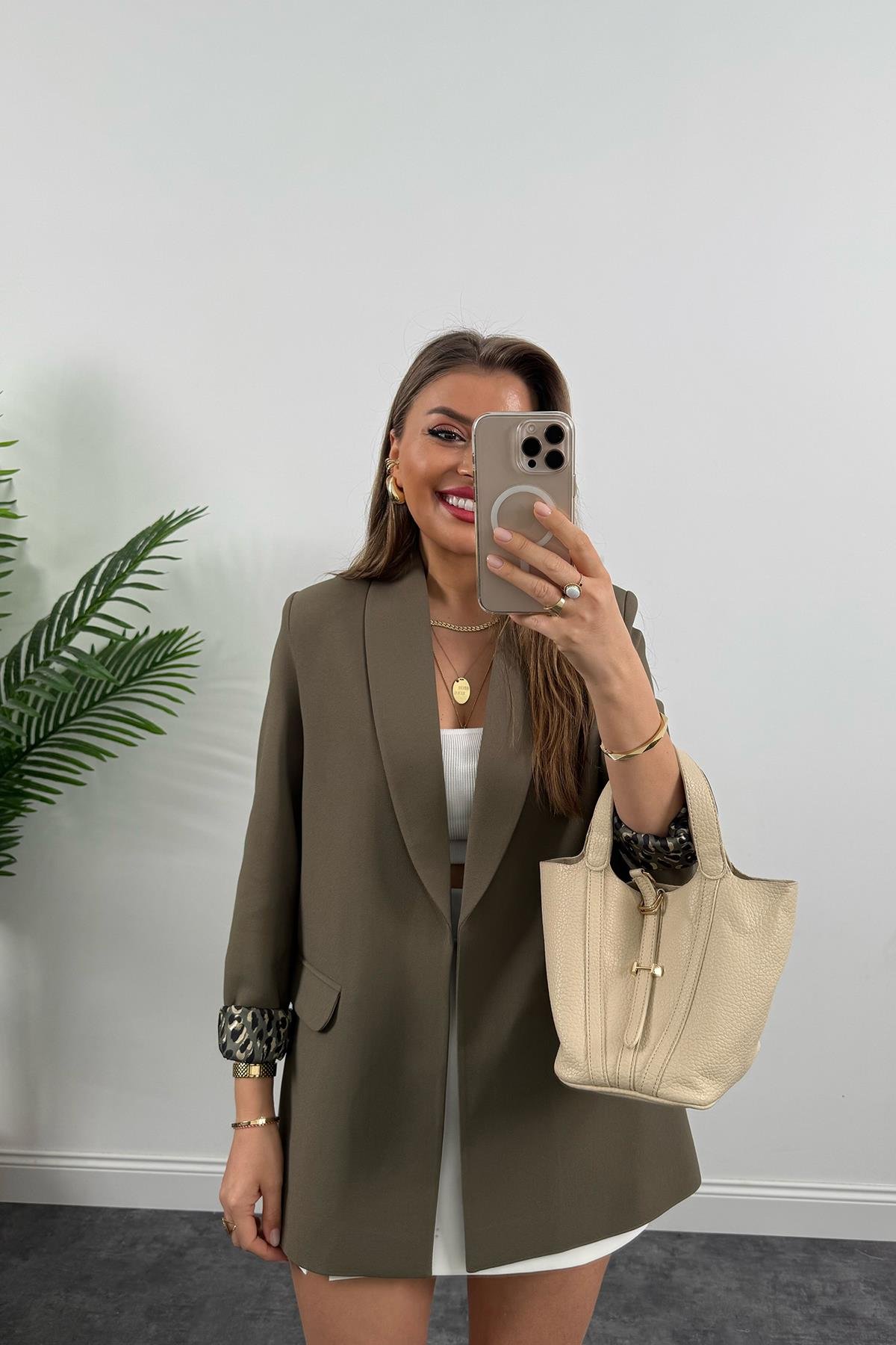 Premium Kalite Leopar Astarlı Double Kumaş Blazer Ceket Koyu Haki