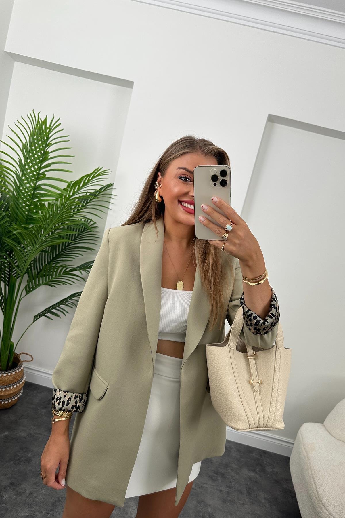 Premium Kalite Leopar Astarlı Double Kumaş Blazer Ceket Haki