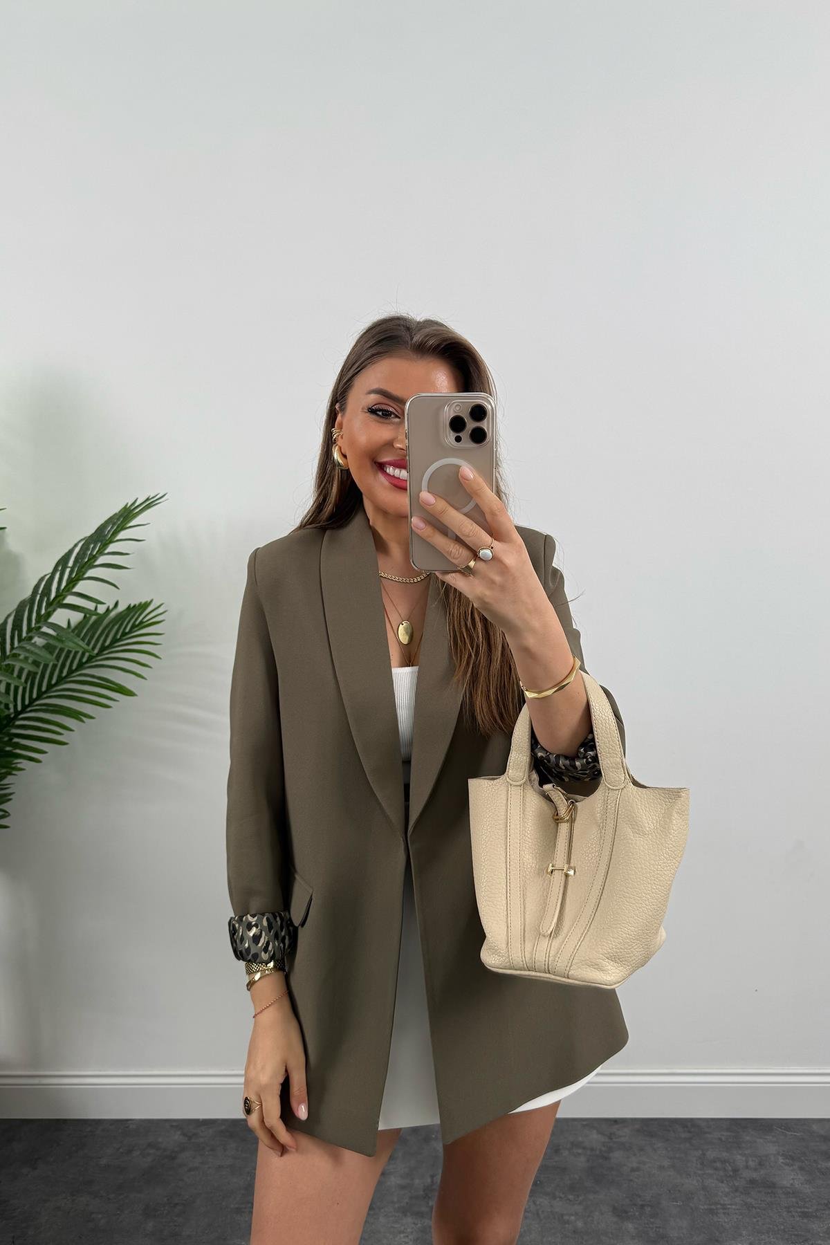 Premium Kalite Leopar Astarlı Double Kumaş Blazer Ceket Koyu Haki