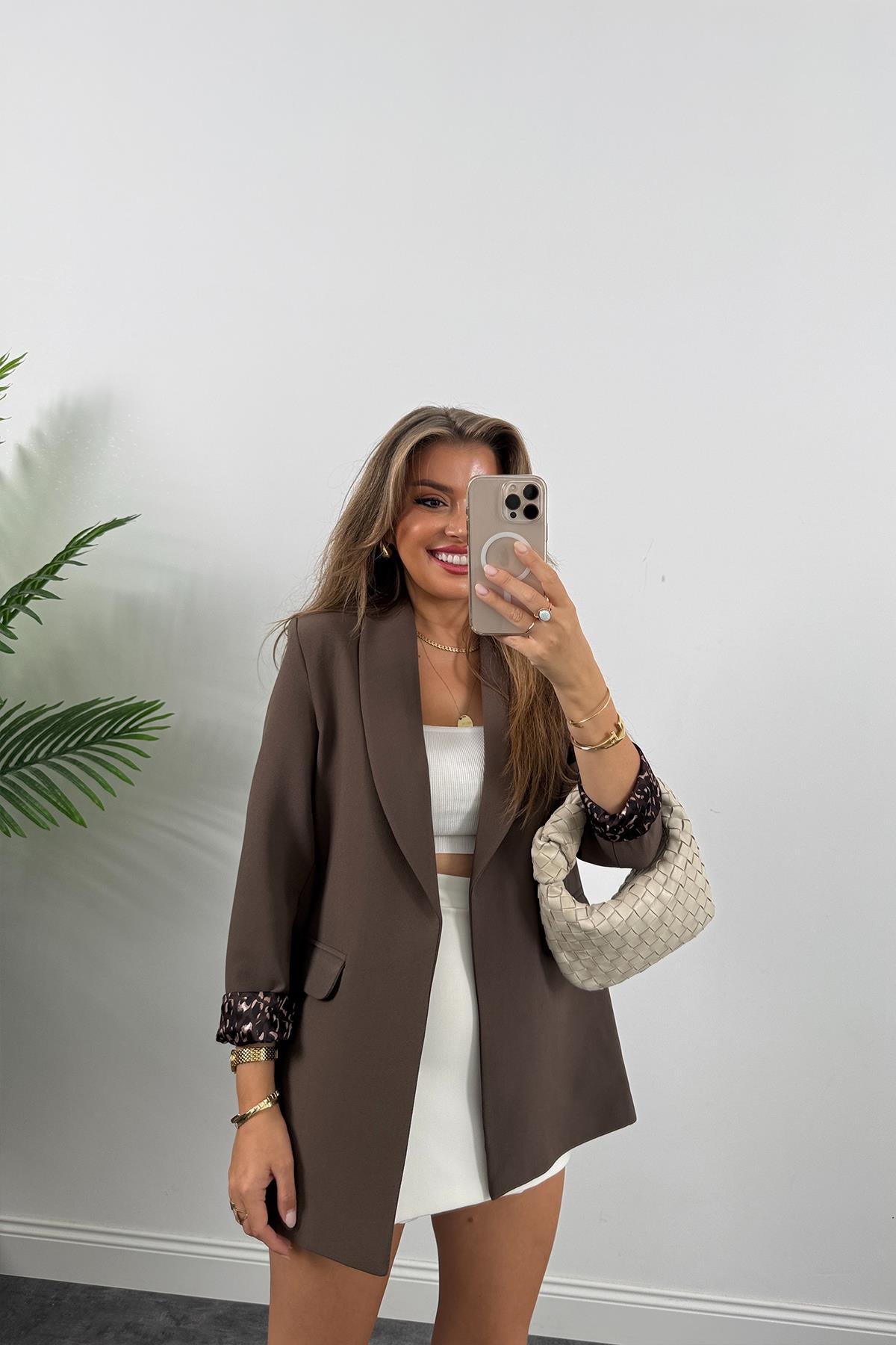 Premium Kalite Leopar Astarlı Double Kumaş Blazer Ceket Koyu Kahve