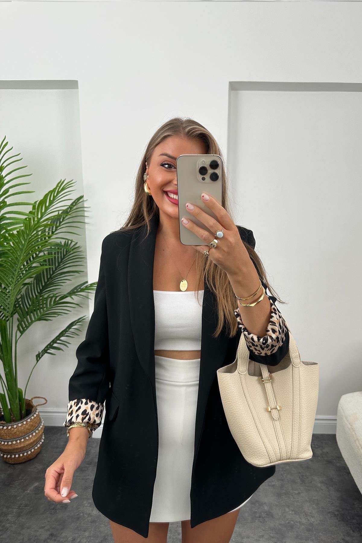 Premium Kalite Leopar Astarlı Double Kumaş Blazer Ceket Siyah