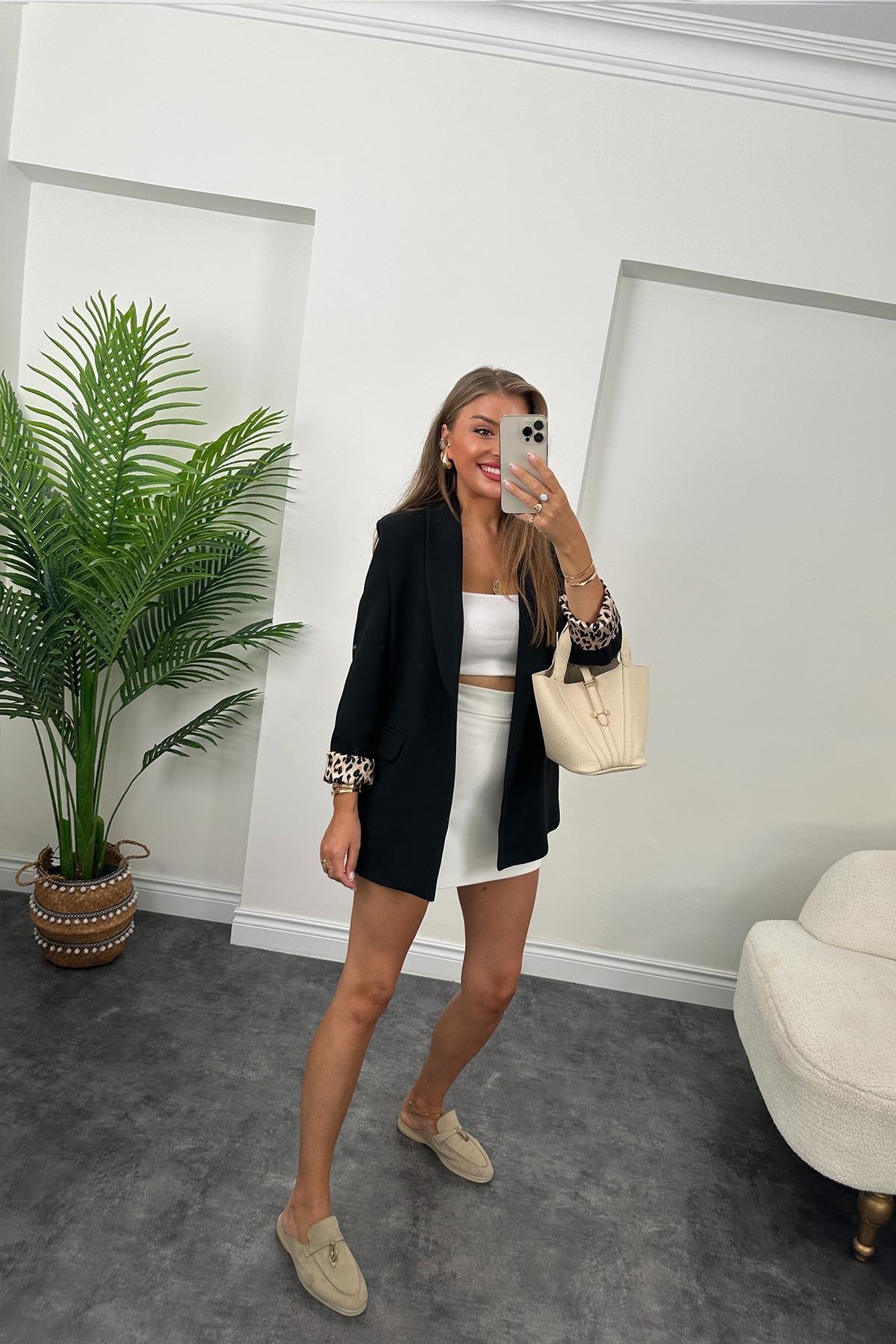 Premium Kalite Leopar Astarlı Double Kumaş Blazer Ceket Siyah