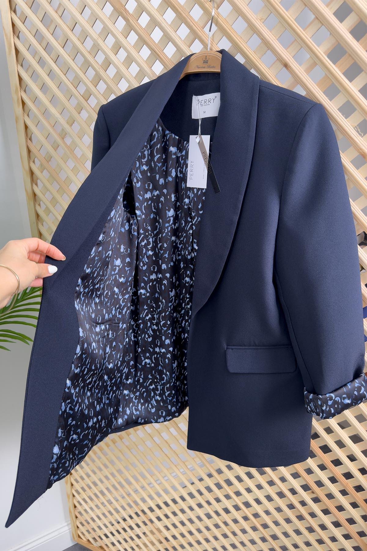 Premium Kalite Leopar Astarlı Double Kumaş Blazer Ceket Lacivert