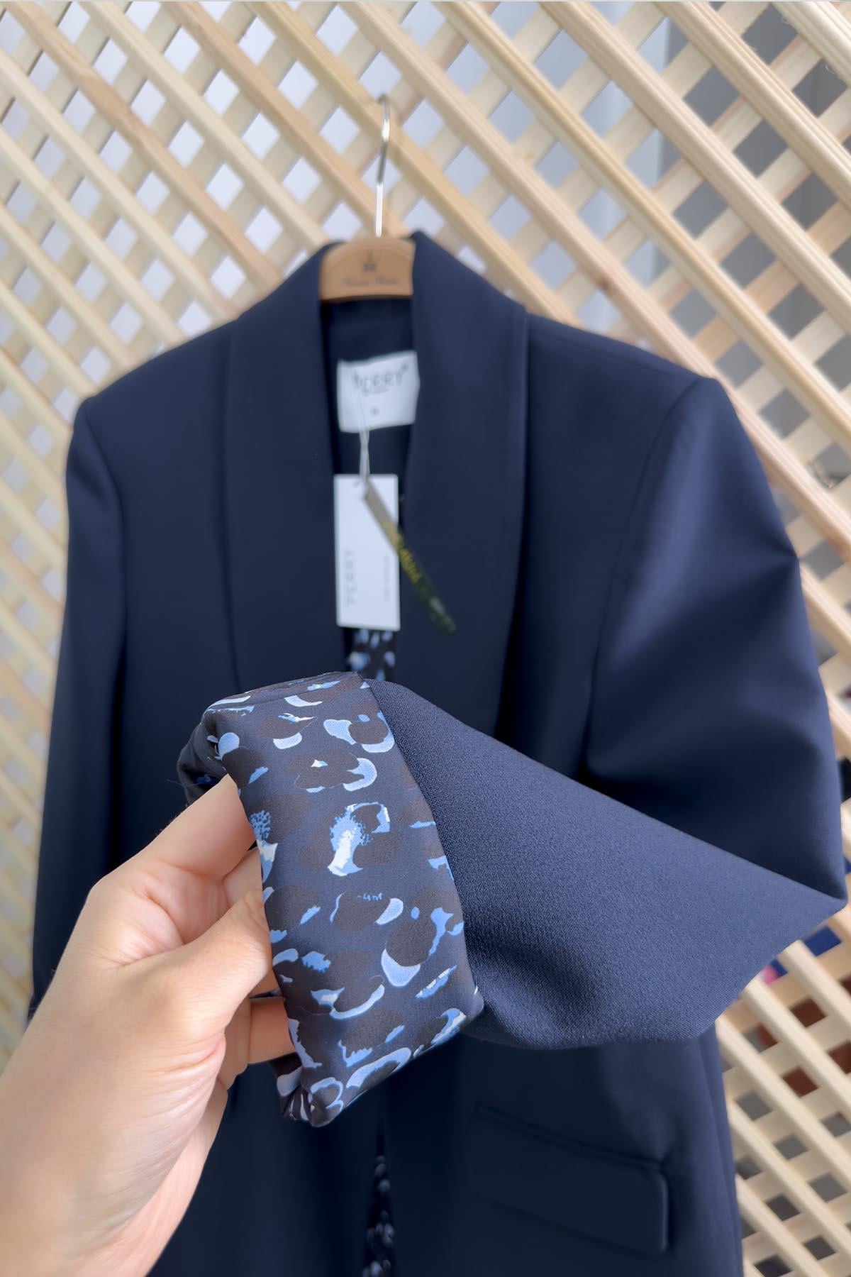 Premium Kalite Leopar Astarlı Double Kumaş Blazer Ceket Lacivert