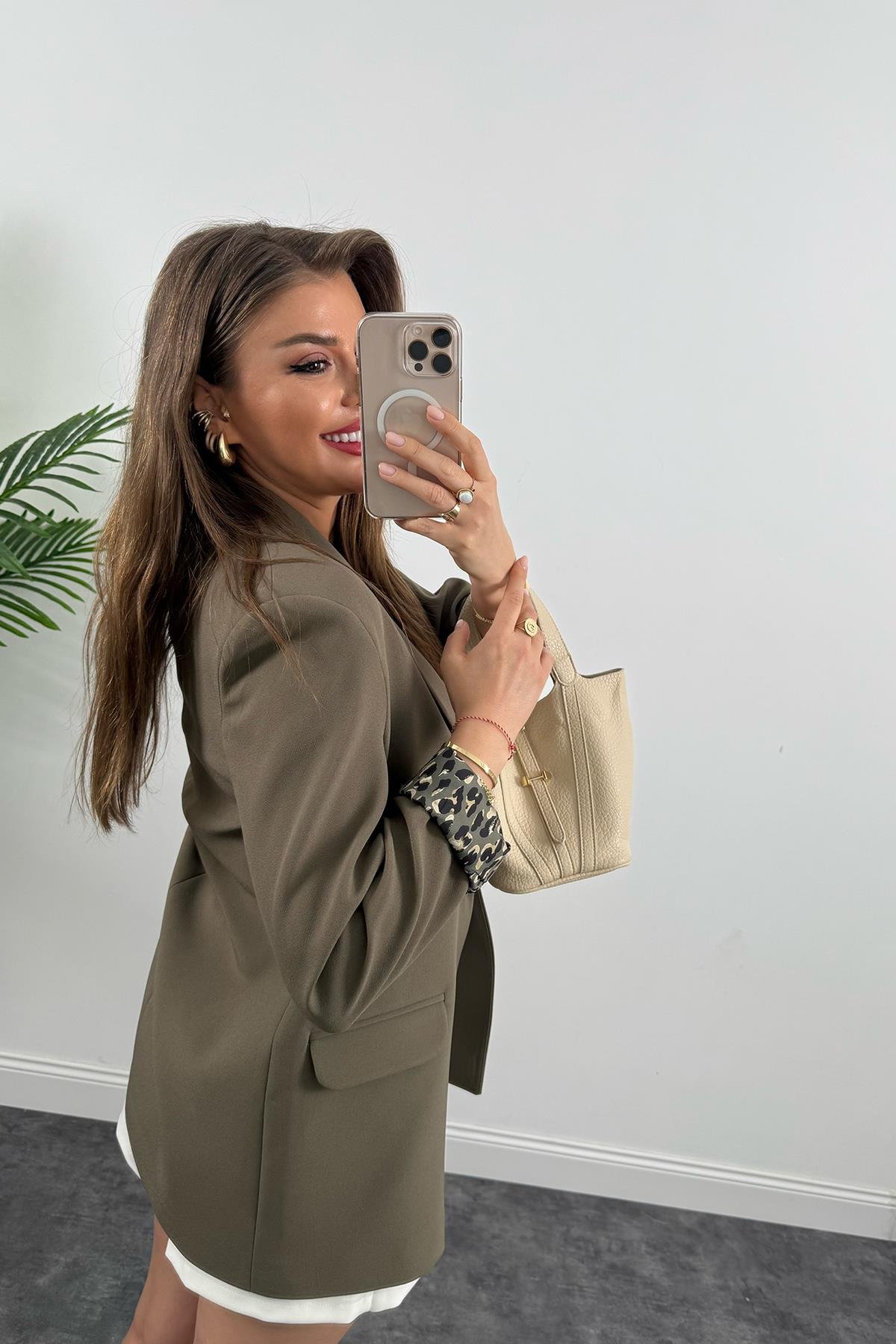 Premium Kalite Leopar Astarlı Double Kumaş Blazer Ceket Koyu Haki