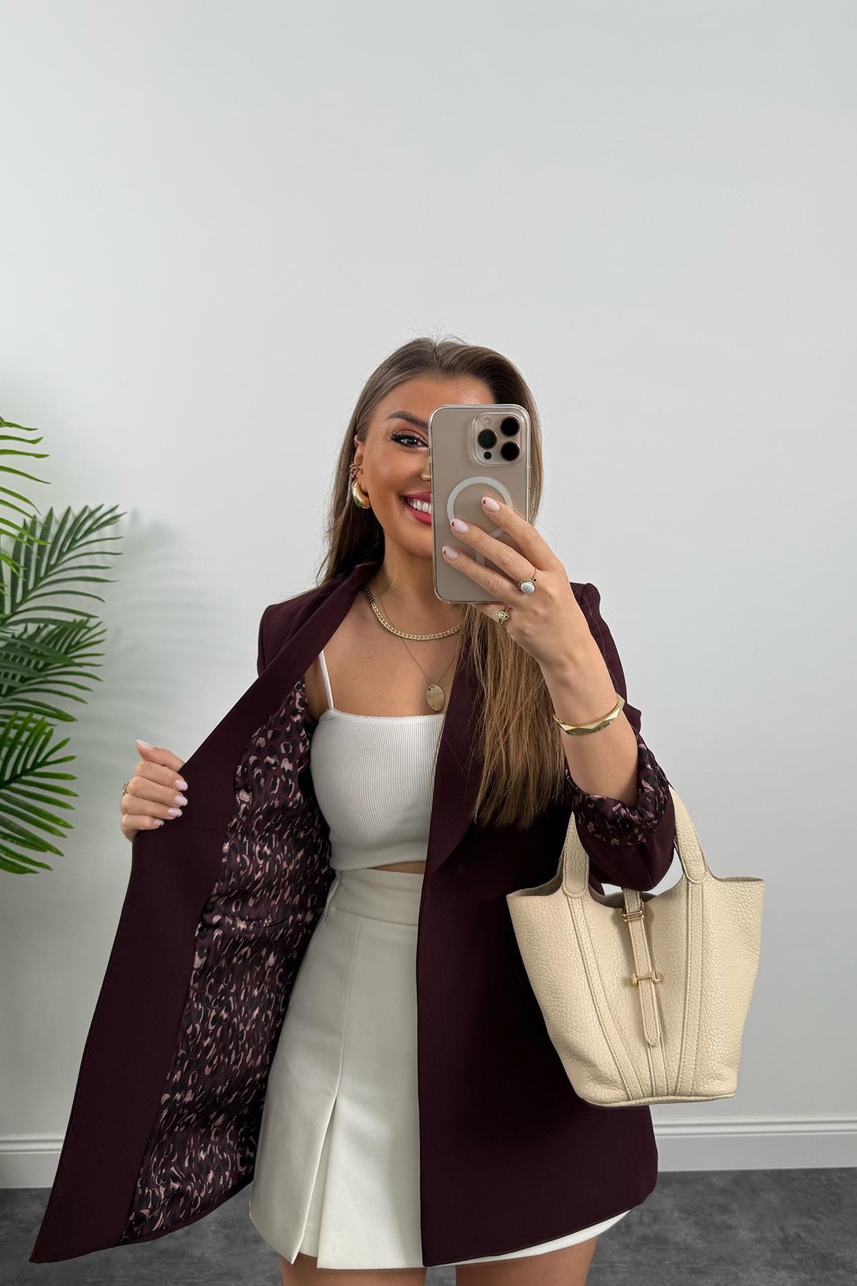 Premium Kalite Leopar Astarlı Double Kumaş Blazer Ceket Mürdüm Bordo