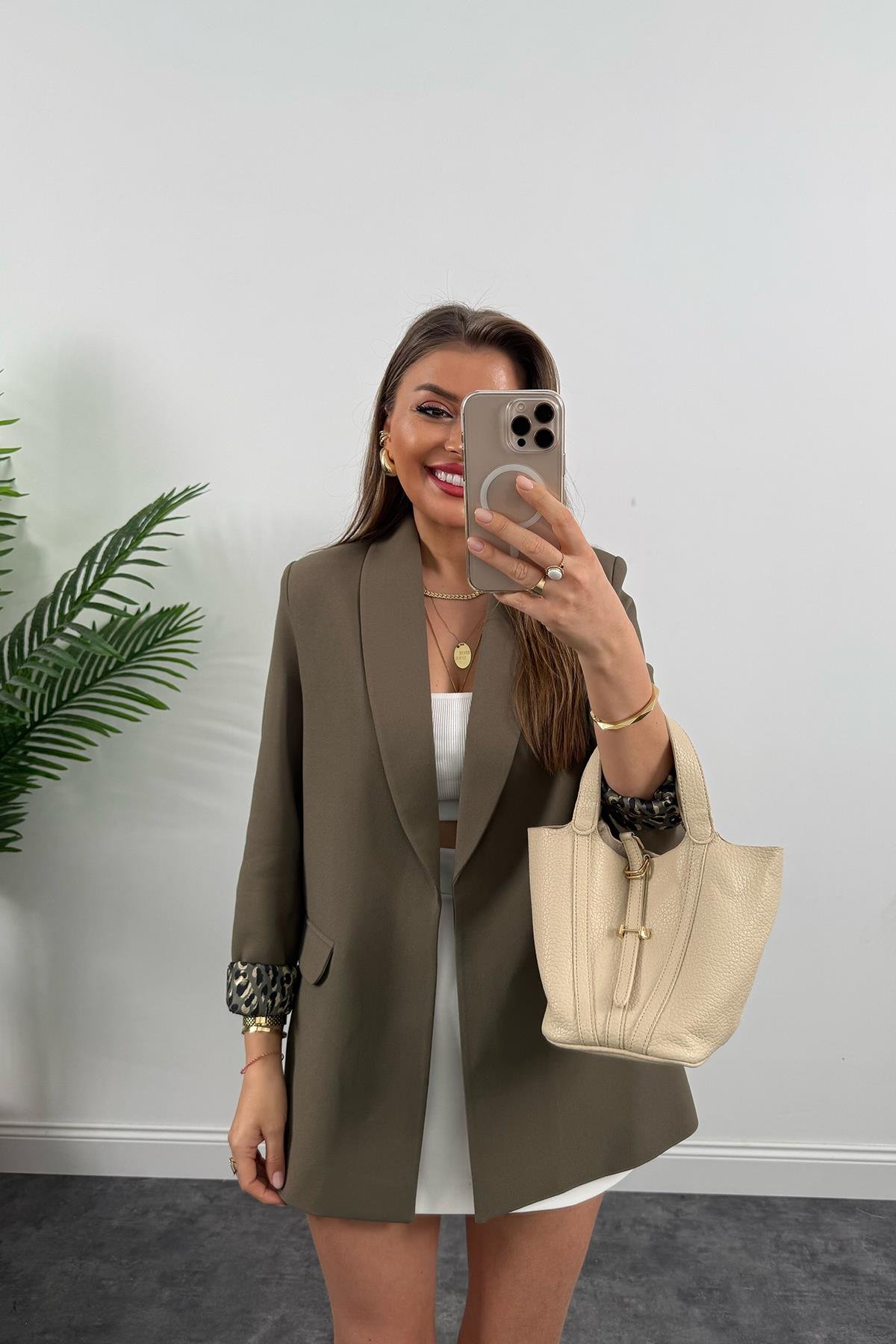 Premium Kalite Leopar Astarlı Double Kumaş Blazer Ceket Koyu Haki