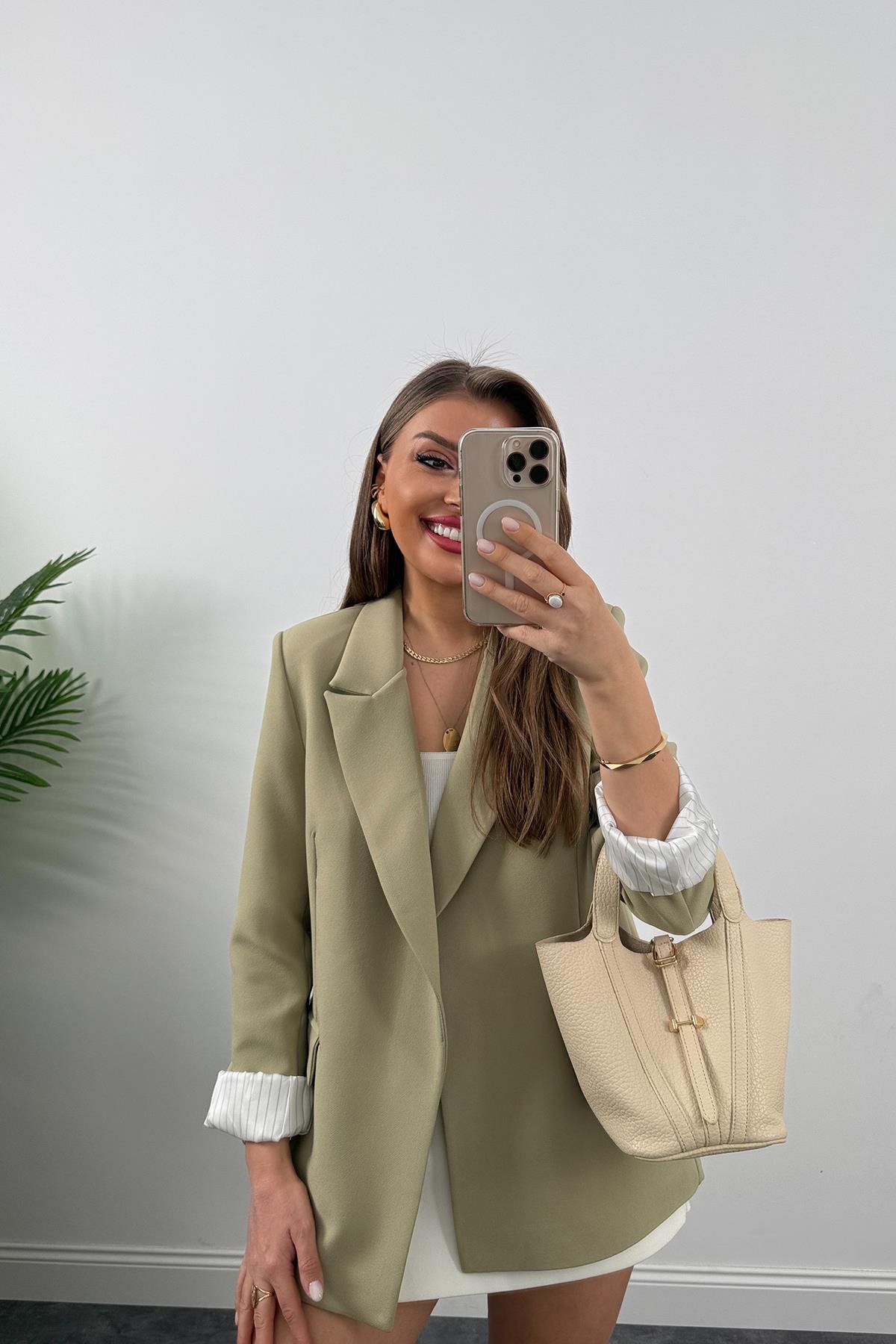 Premium Kalite Marin Astarlı Double Kumaş Blazer Ceket Haki 