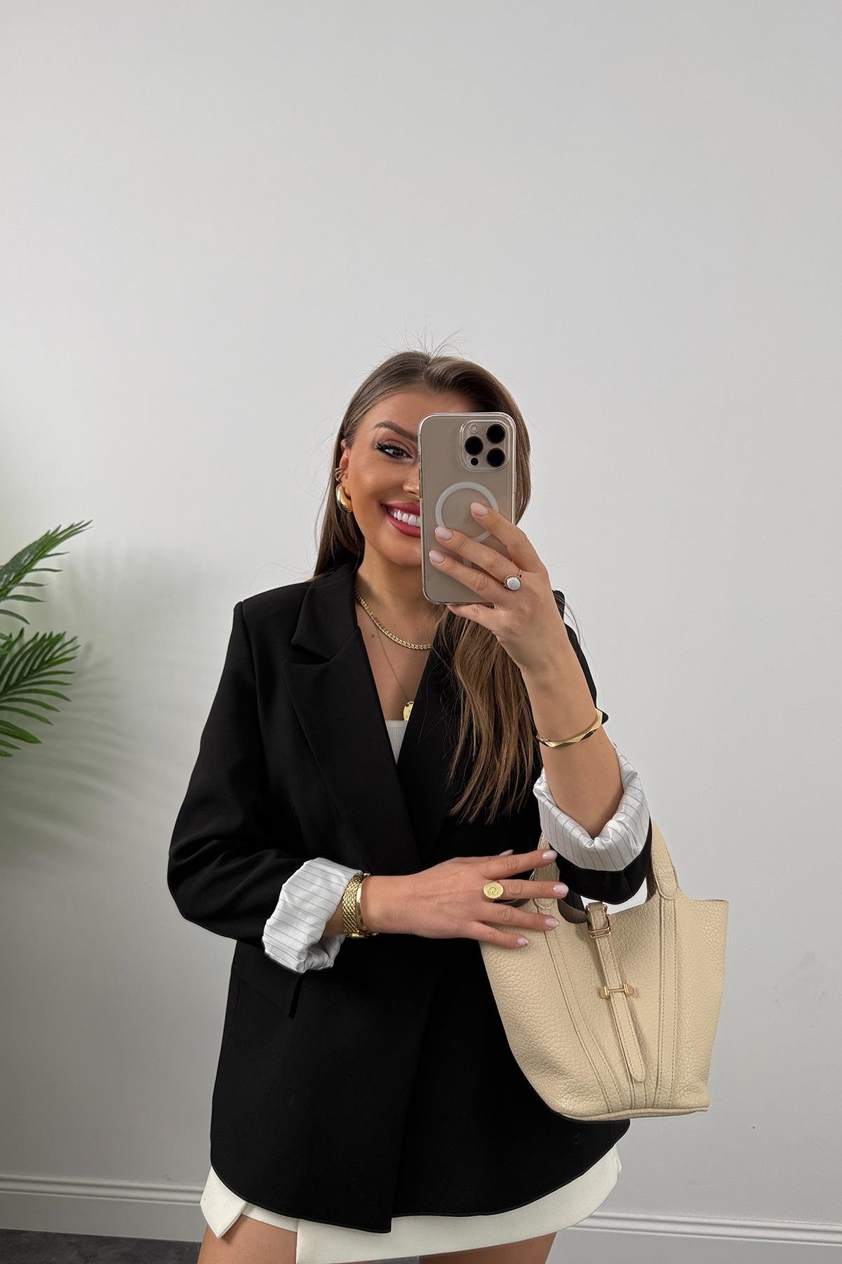 Premium Kalite Marin Astarlı Double Kumaş Blazer Ceket Siyah 