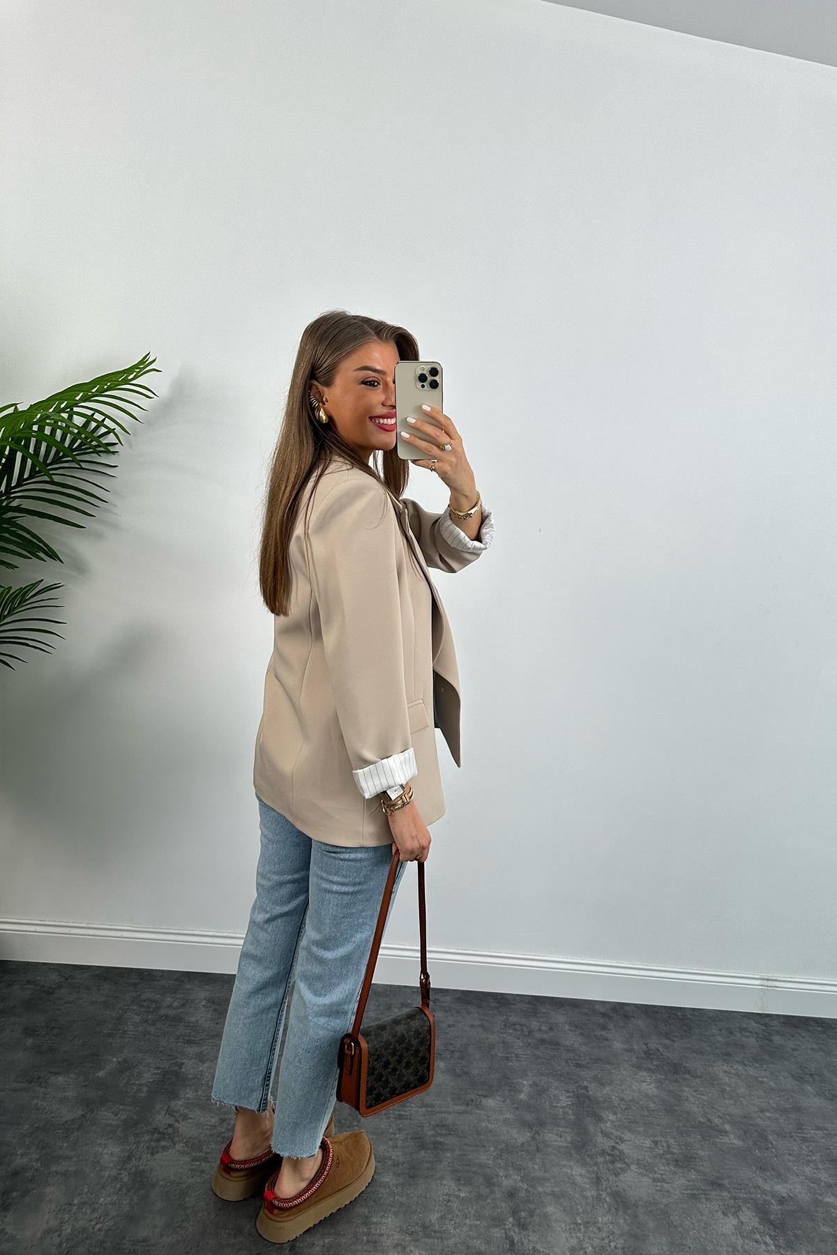 Premium Kalite Marin Astarlı Double Kumaş Blazer Ceket Taş