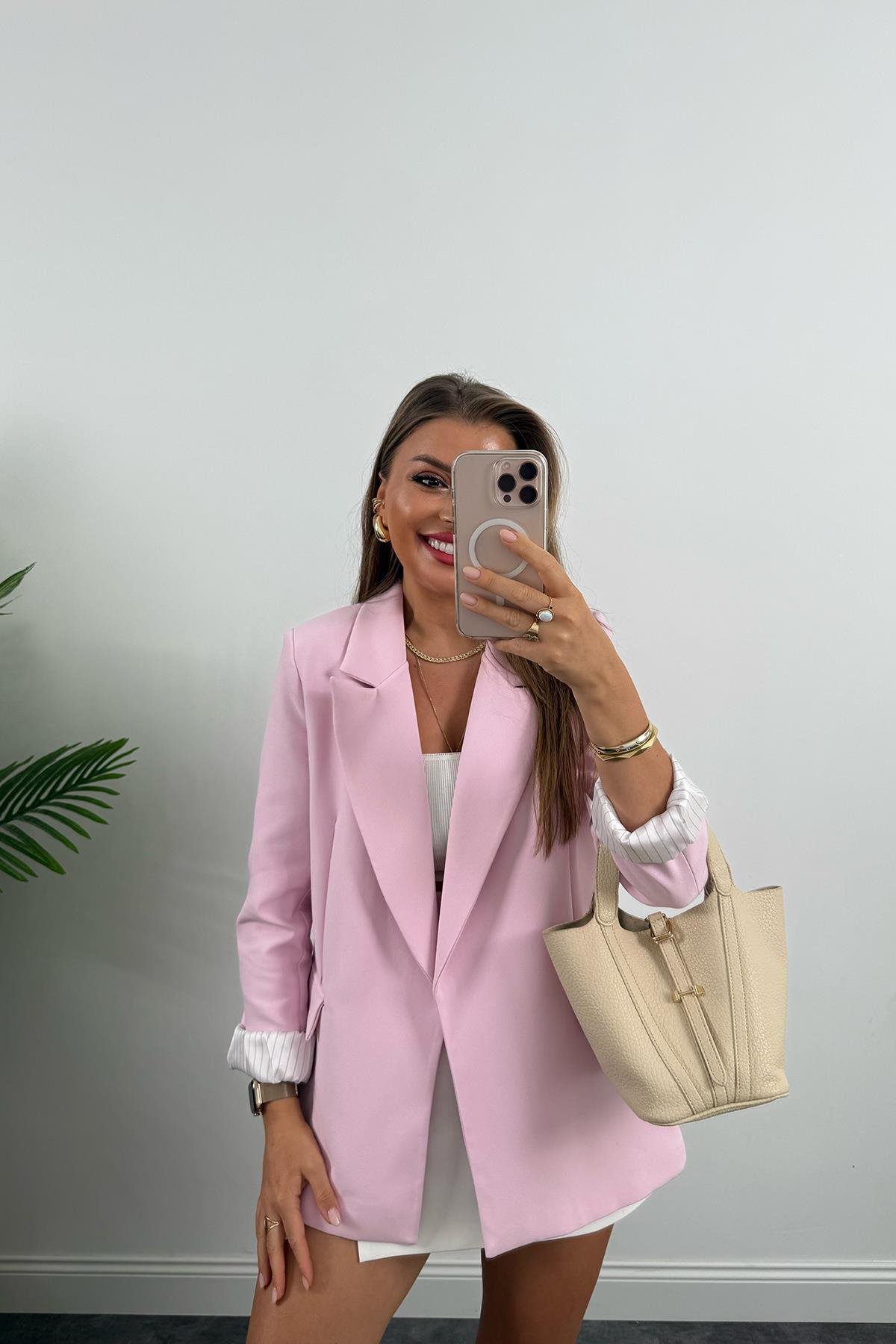 Premium Kalite Marin Astarlı Double Kumaş Blazer Ceket Şeker Pembe