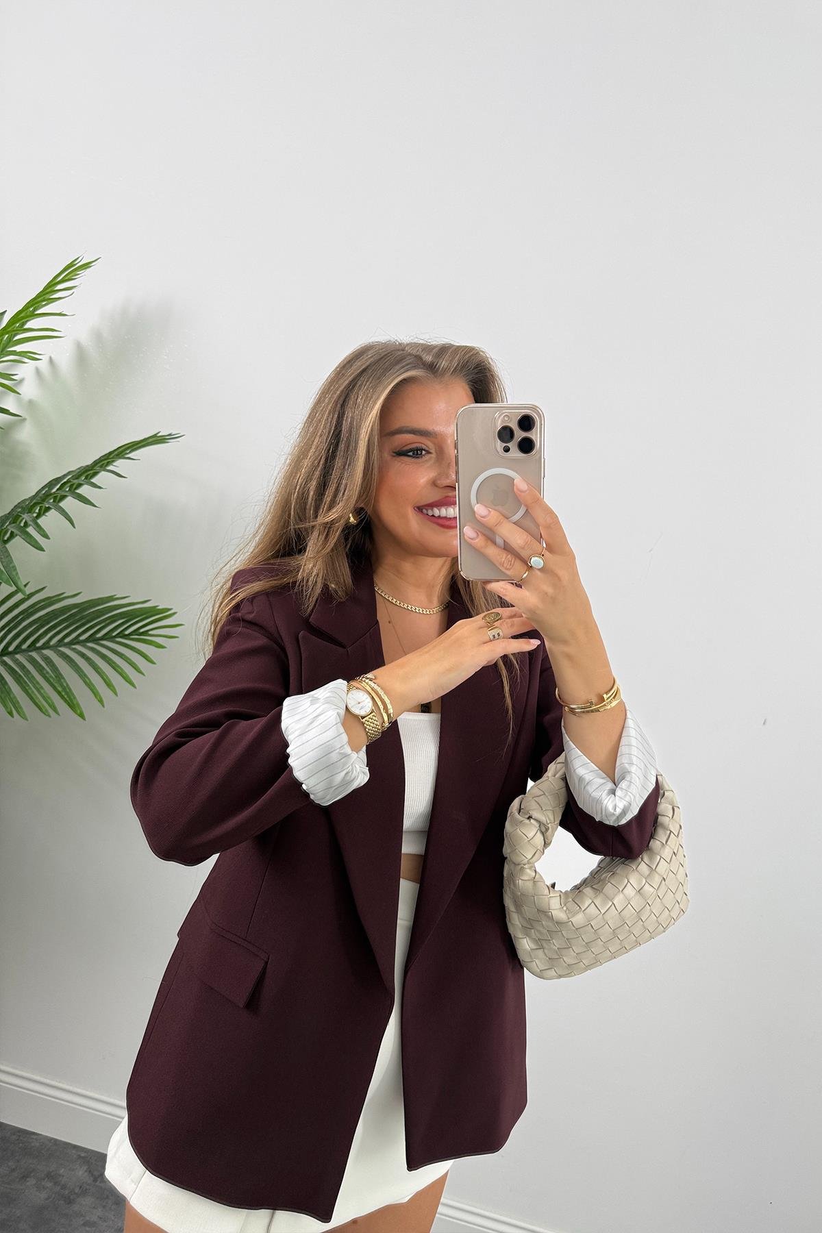 Premium Kalite Marin Astarlı Double Kumaş Blazer Ceket Mürdüm