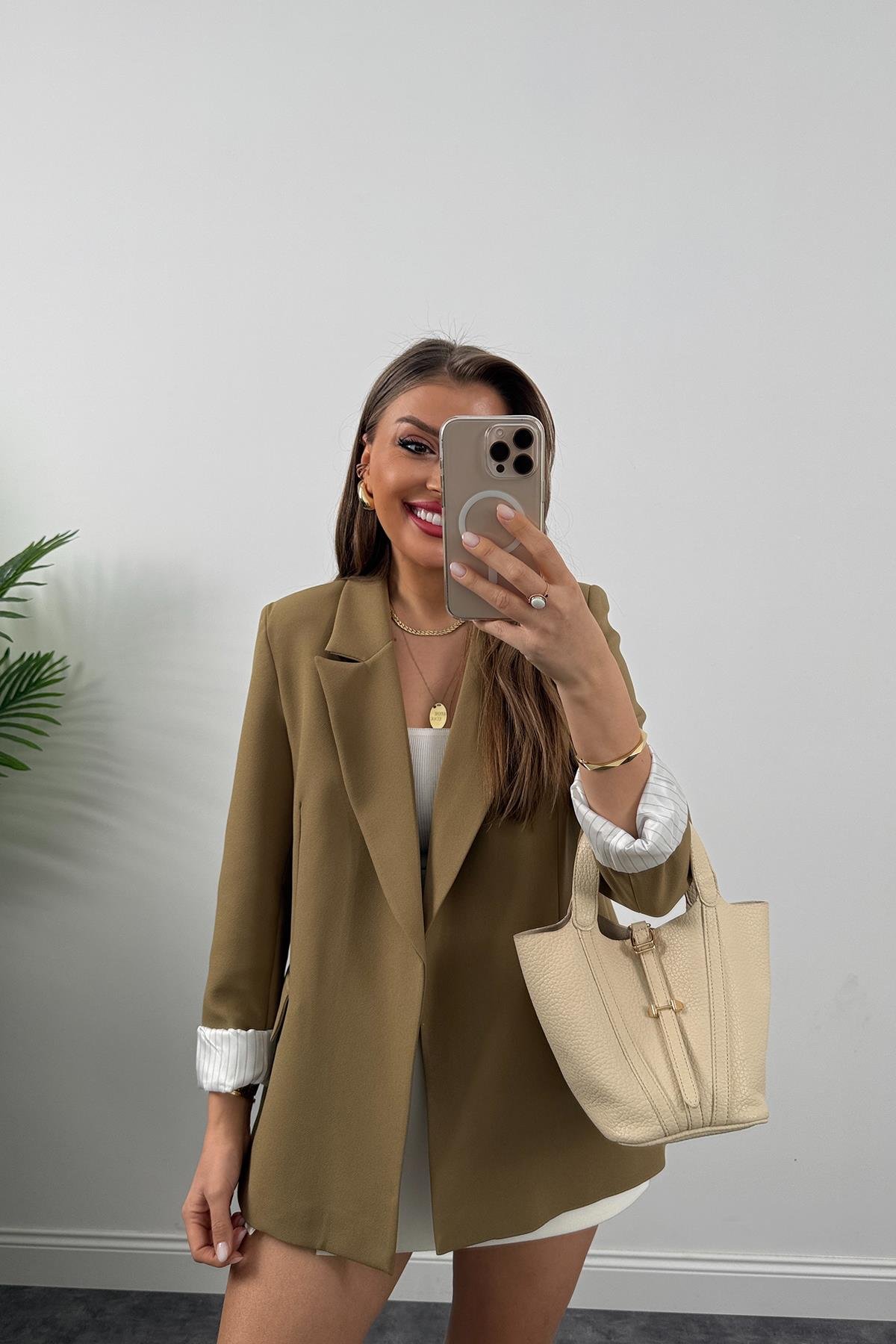 Premium Kalite Marin Astarlı Double Kumaş Blazer Ceket Olive  