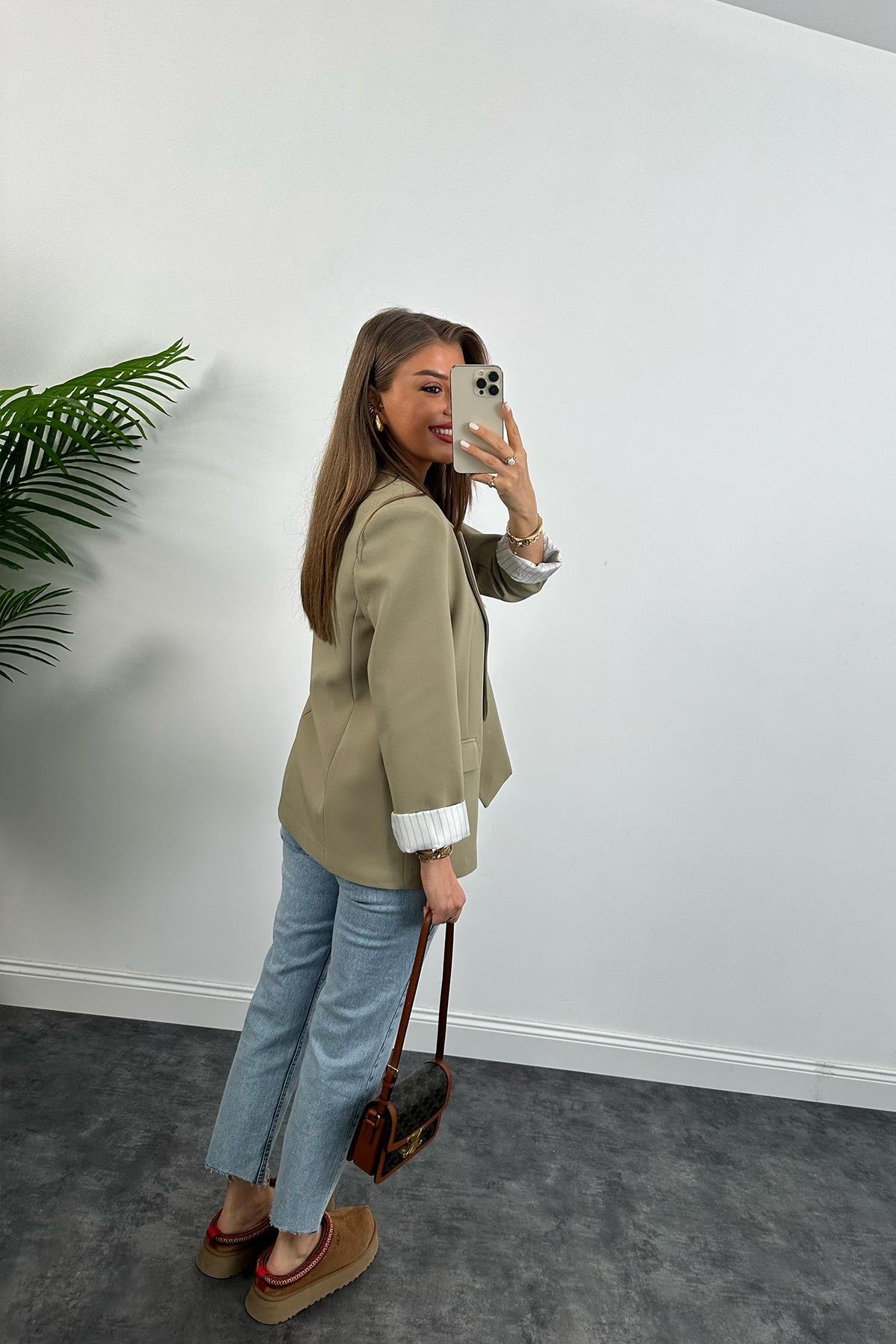 Premium Kalite Marin Astarlı Double Kumaş Blazer Ceket Haki