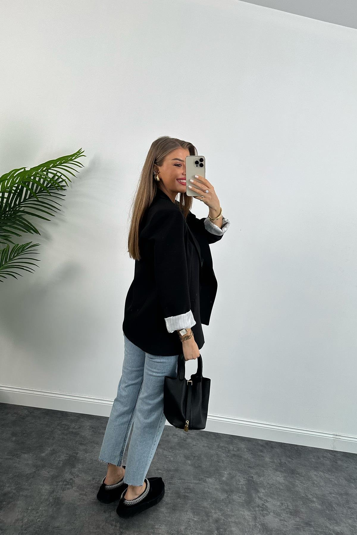 Premium Kalite Marin Astarlı Double Kumaş Blazer Ceket Siyah