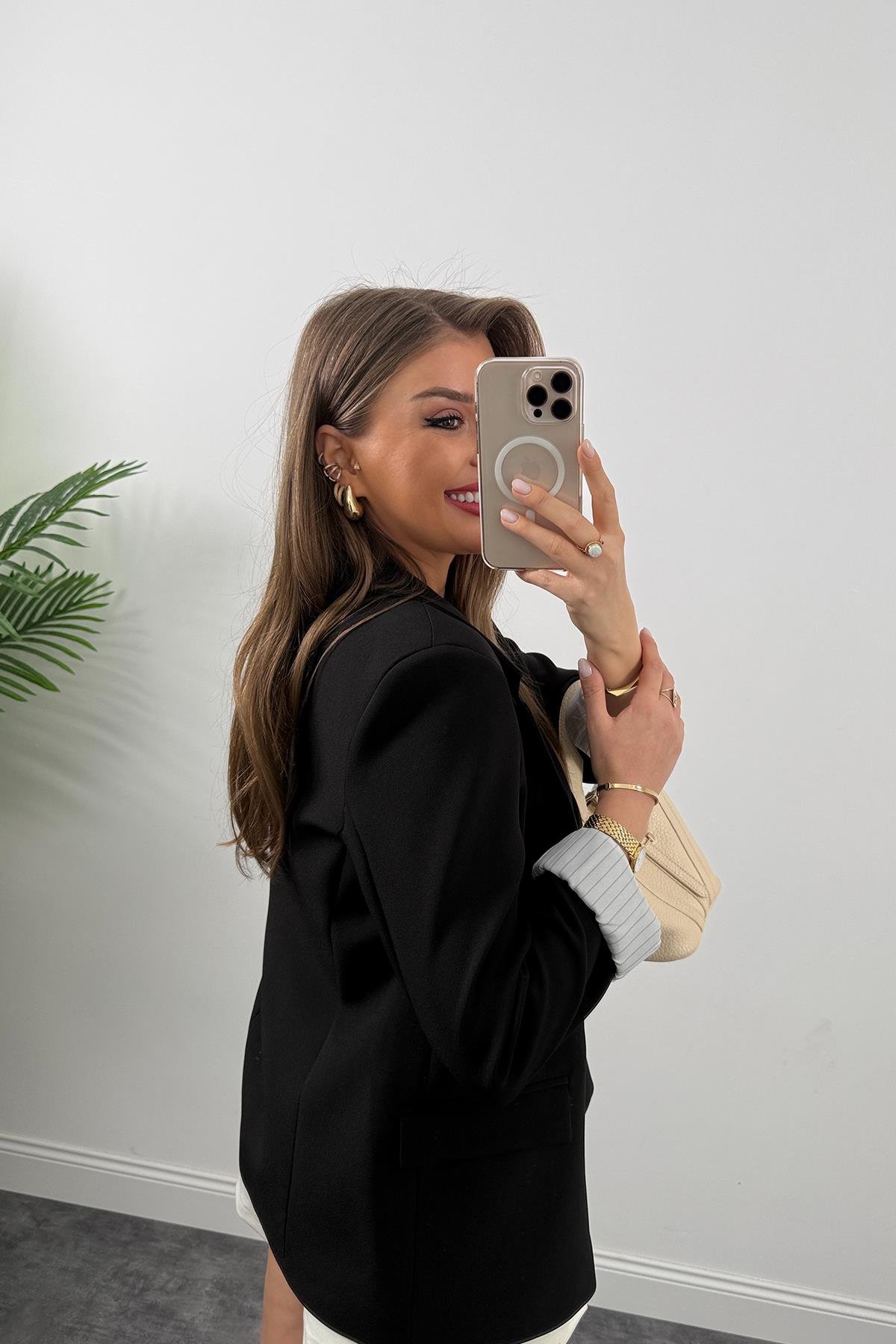 Premium Kalite Marin Astarlı Double Kumaş Blazer Ceket Siyah 