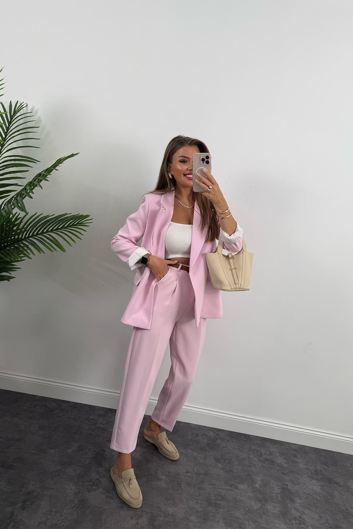 Premium Kalite Marin Astarlı Double Kumaş Blazer Ceket Şeker Pembe