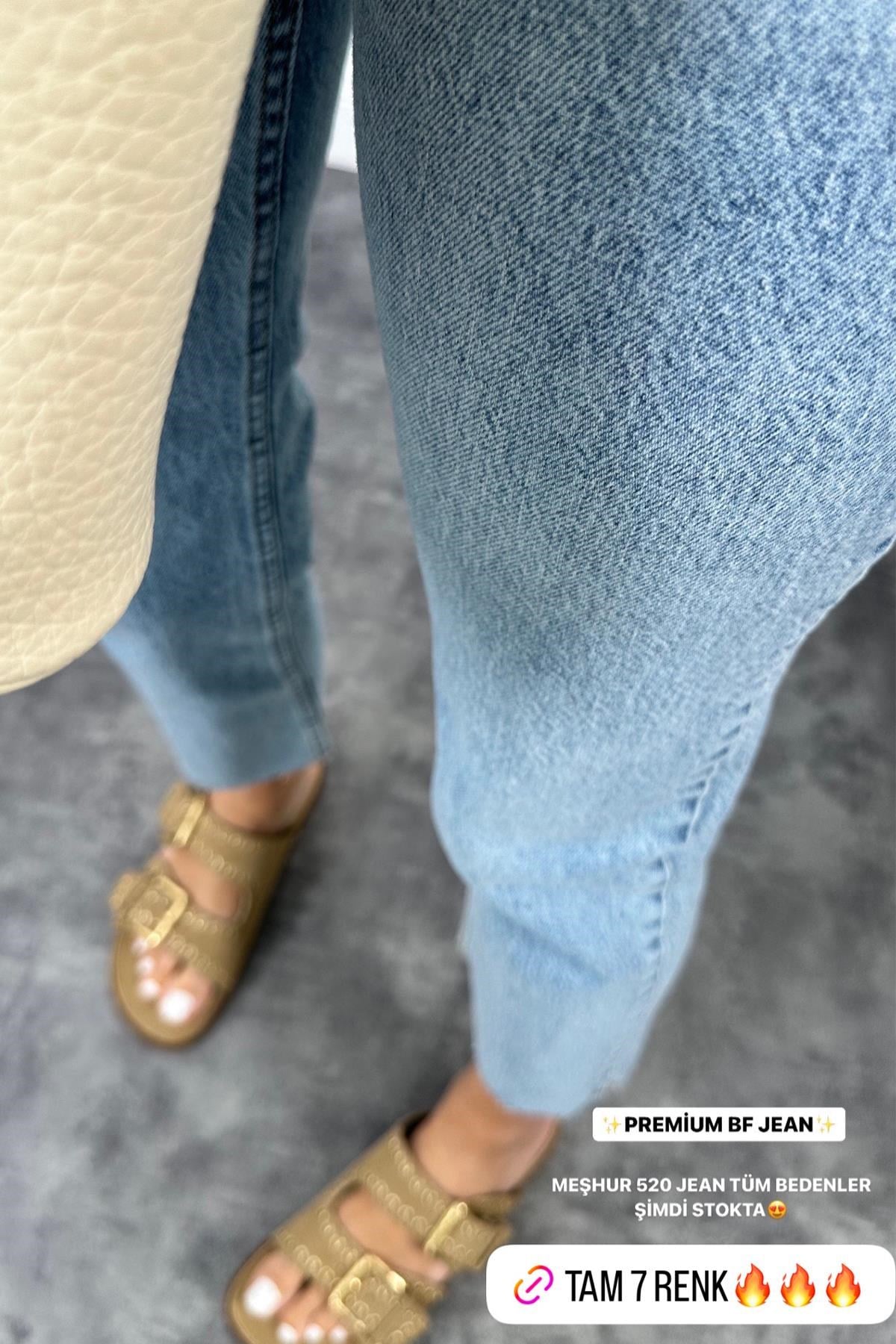 Premium Kalite Paçası Kesik Toparlayıcı Boyfit Jean 520 Mavi  1001 