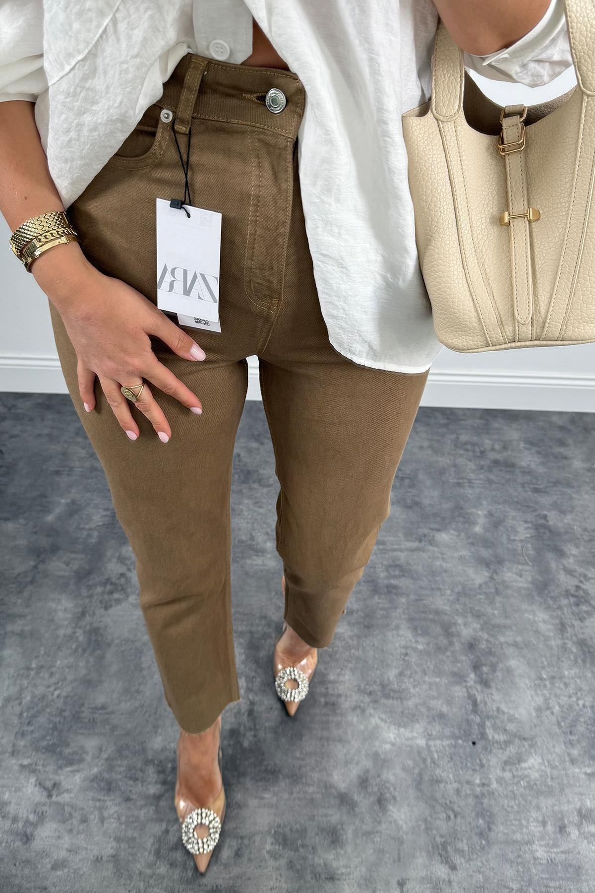 Premium Kalite Paçası Kesik Toparlayıcı Boyfit Jean Eskitme Açık Kahve