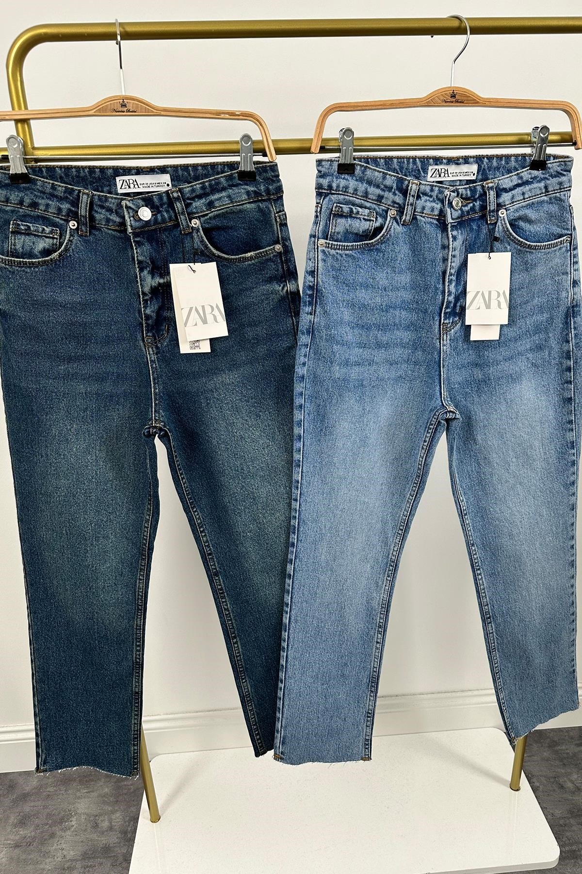 Premium Kalite Paçası Kesik Toparlayıcı Boyfit Jean Klasik Mavi