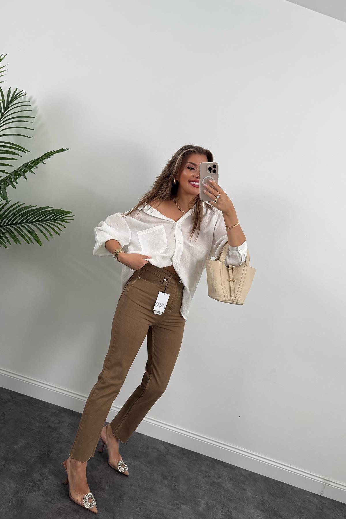 Premium Kalite Paçası Kesik Toparlayıcı Boyfit Jean Eskitme Açık Kahve