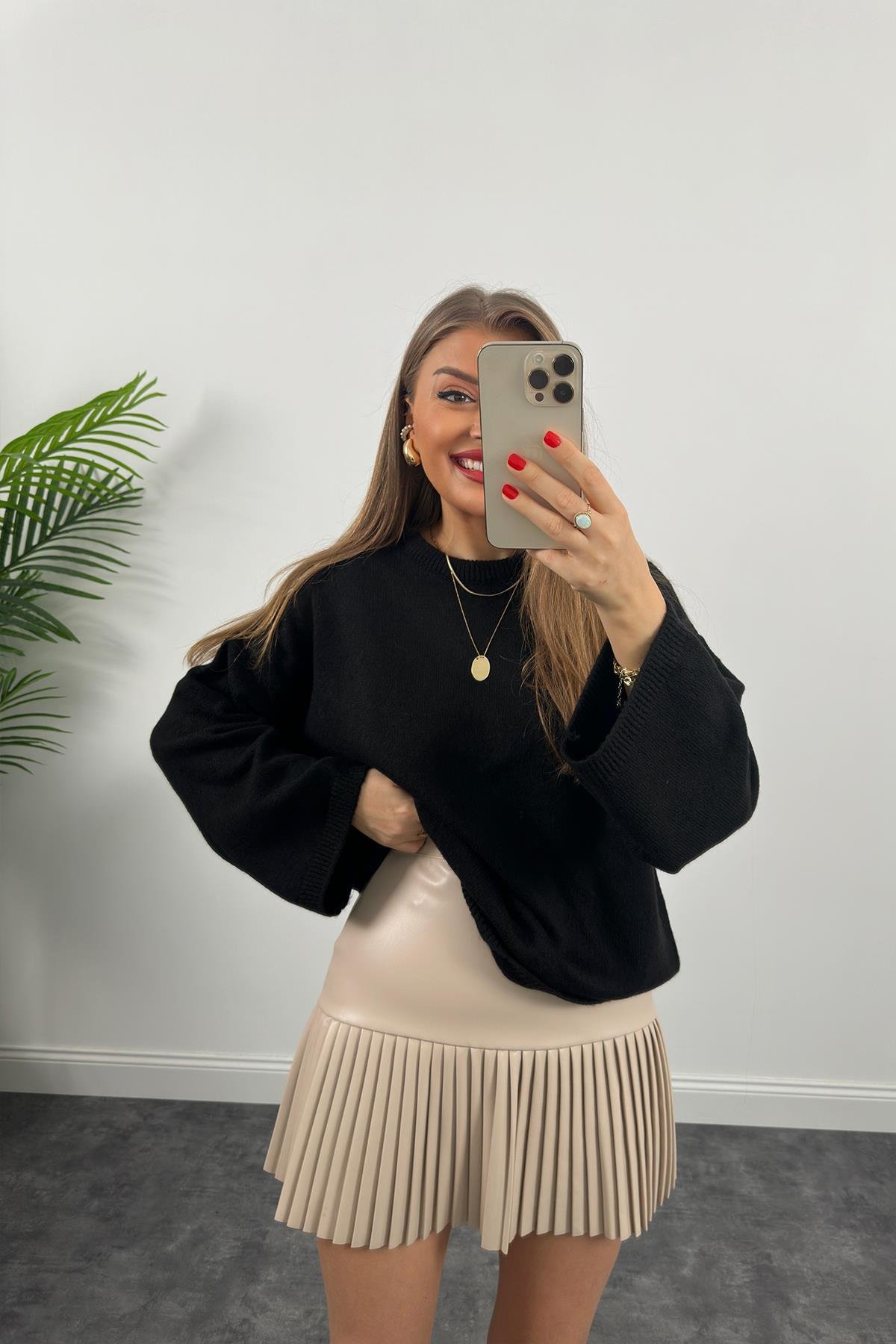 Premium Kalite Pliseli Deri Etek Taş