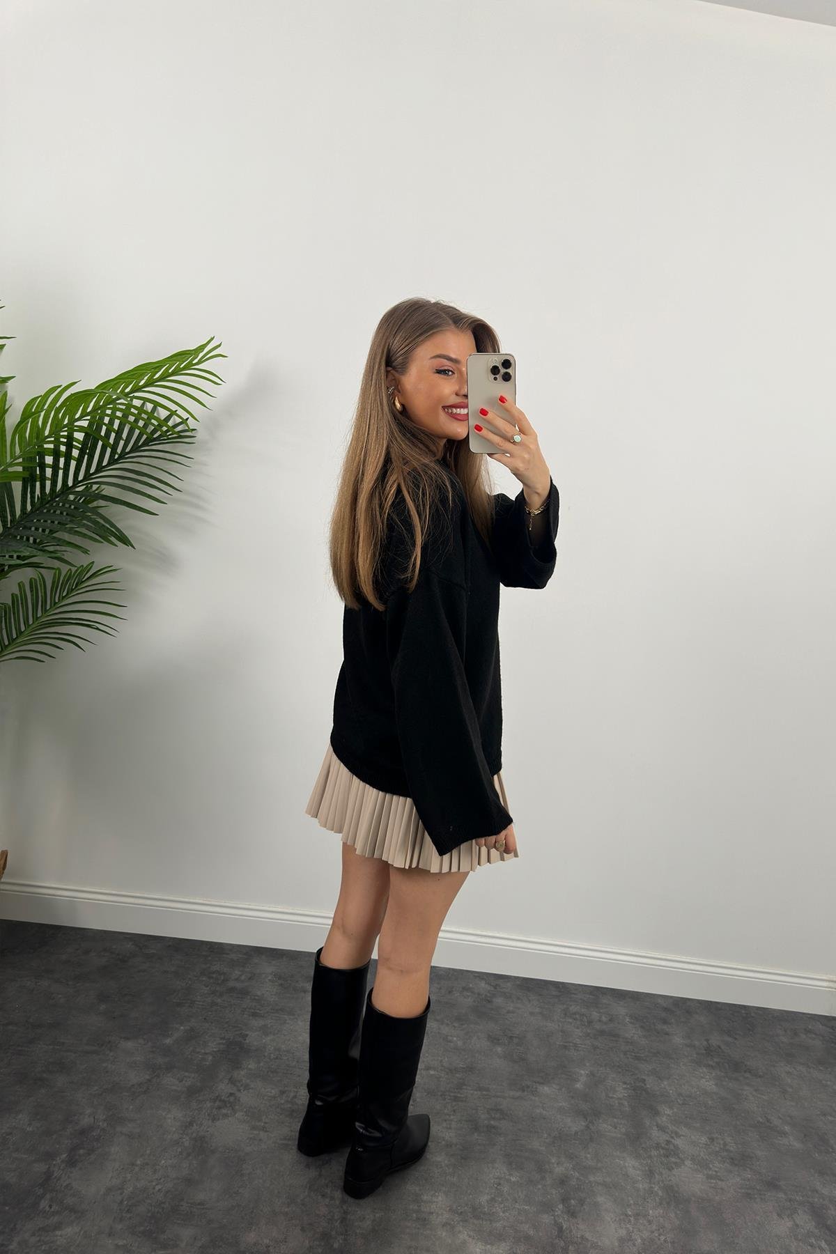 Premium Kalite Pliseli Deri Etek Taş