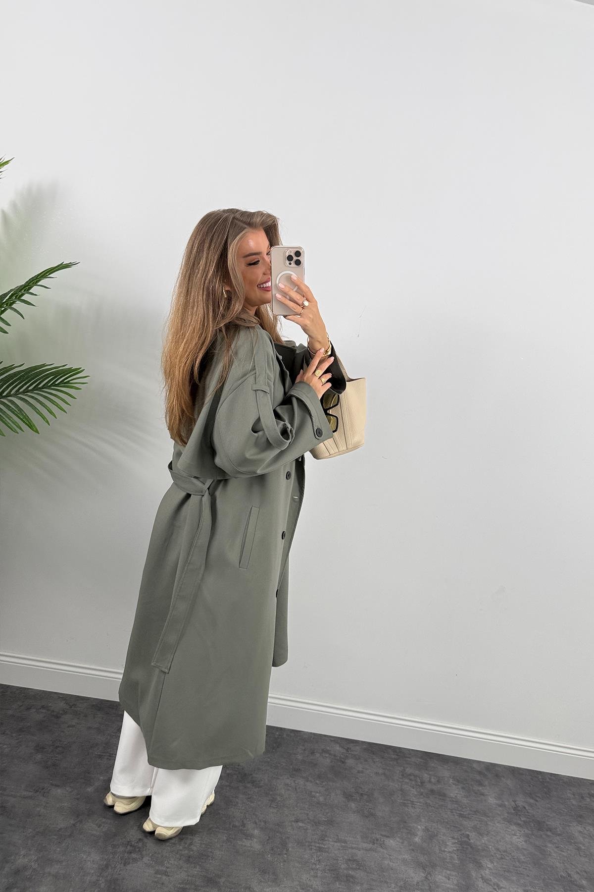 Premium Kalite Poliviskon Kumaş Astarlı Trençkot Orjinal Haki