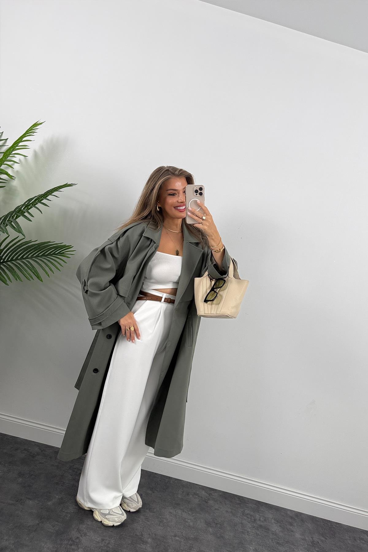 Premium Kalite Poliviskon Kumaş Astarlı Trençkot Orjinal Haki