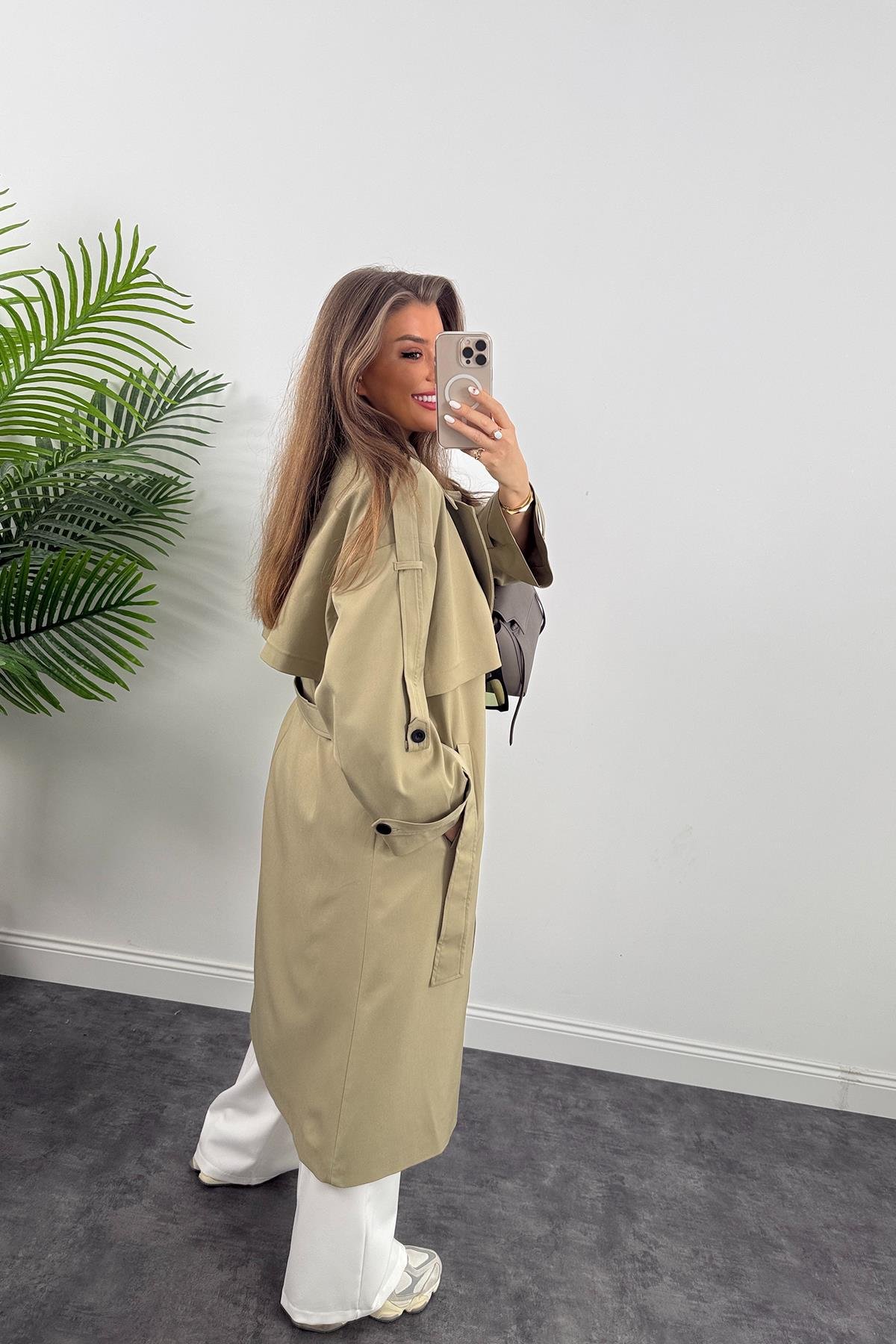 Premium Kalite Poliviskon Kumaş Astarlı Trençkot Yeşil