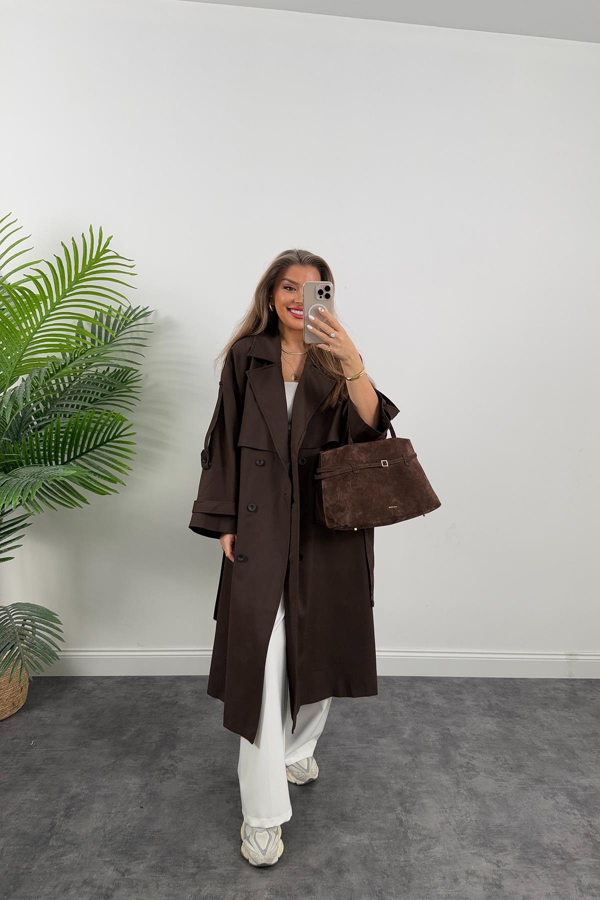 Premium Kalite Poliviskon Kumaş Astarlı Trençkot Acı Kahve