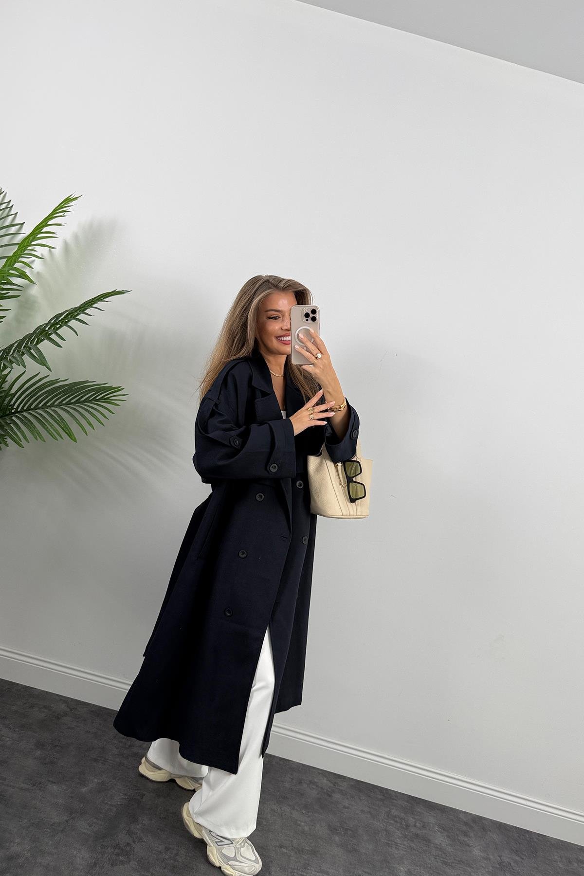 Premium Kalite Poliviskon Kumaş Astarlı Trençkot Lacivert