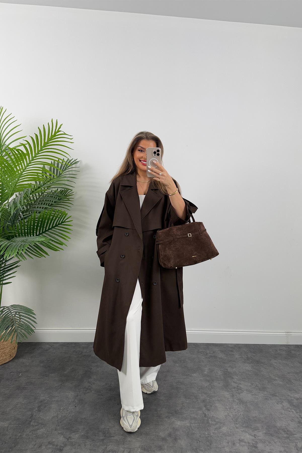 Premium Kalite Poliviskon Kumaş Astarlı Trençkot Acı Kahve