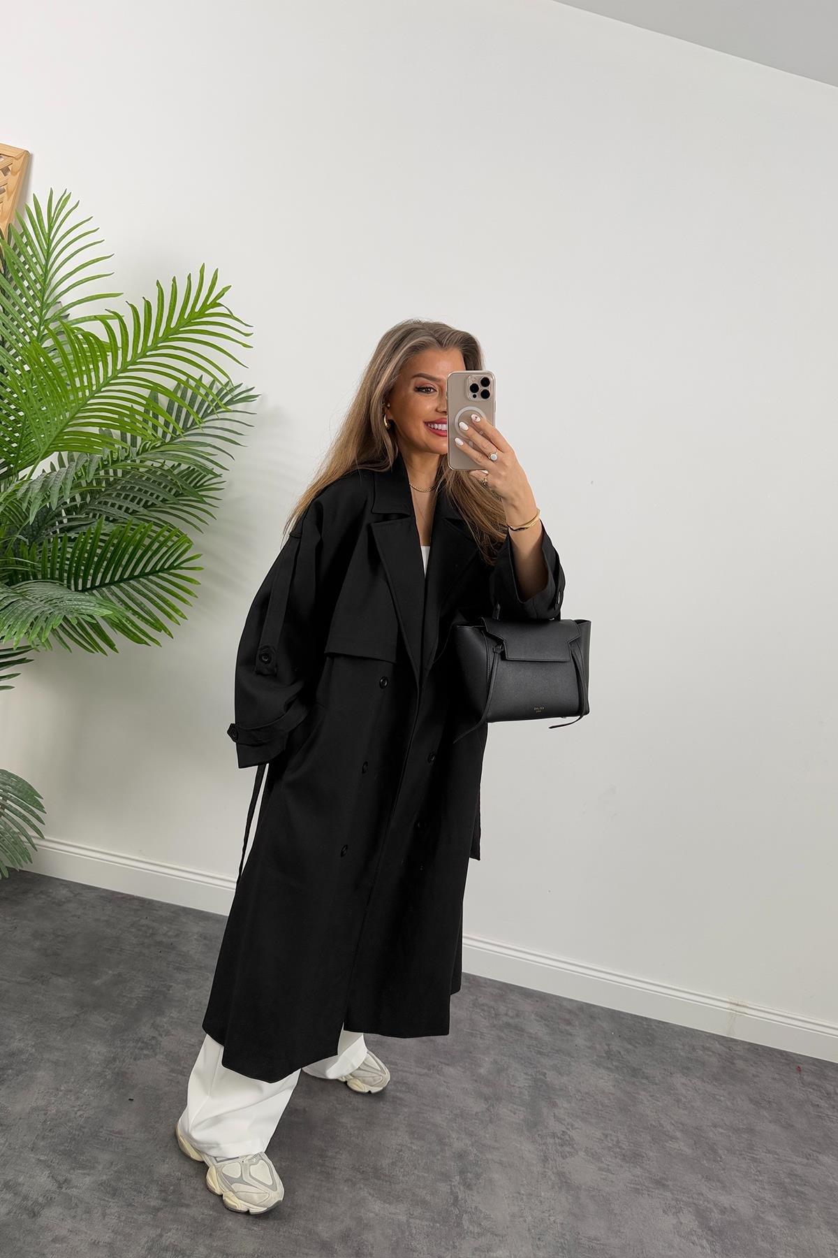 Premium Kalite Poliviskon Kumaş Astarlı Trençkot Siyah