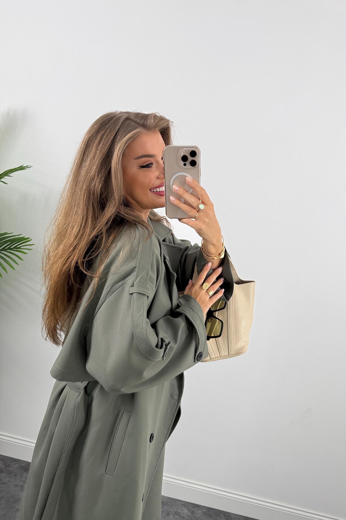 Premium Kalite Poliviskon Kumaş Astarlı Trençkot Orjinal Haki