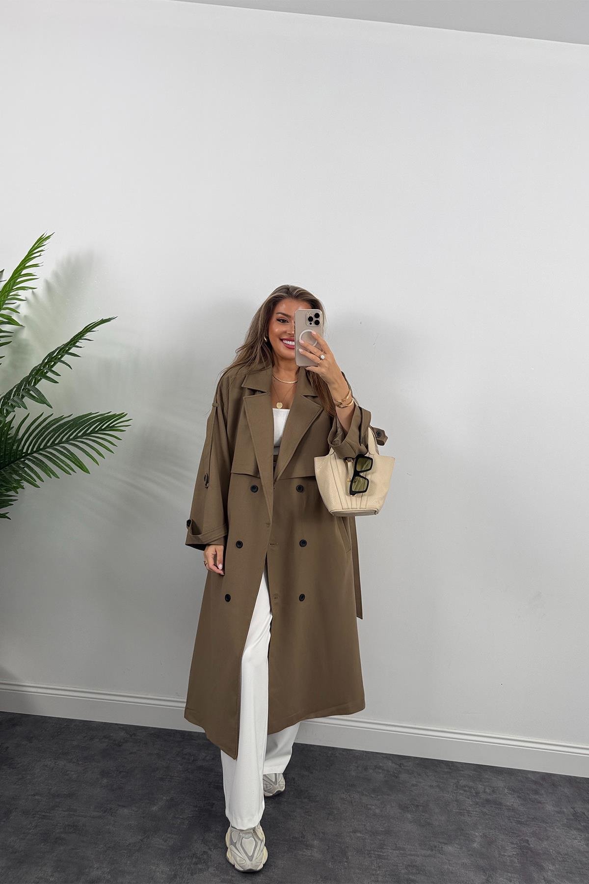 Premium Kalite Poliviskon Kumaş Astarlı Trençkot Karamel