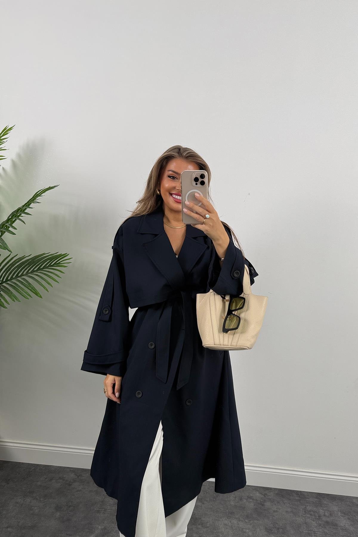 Premium Kalite Poliviskon Kumaş Astarlı Trençkot Lacivert