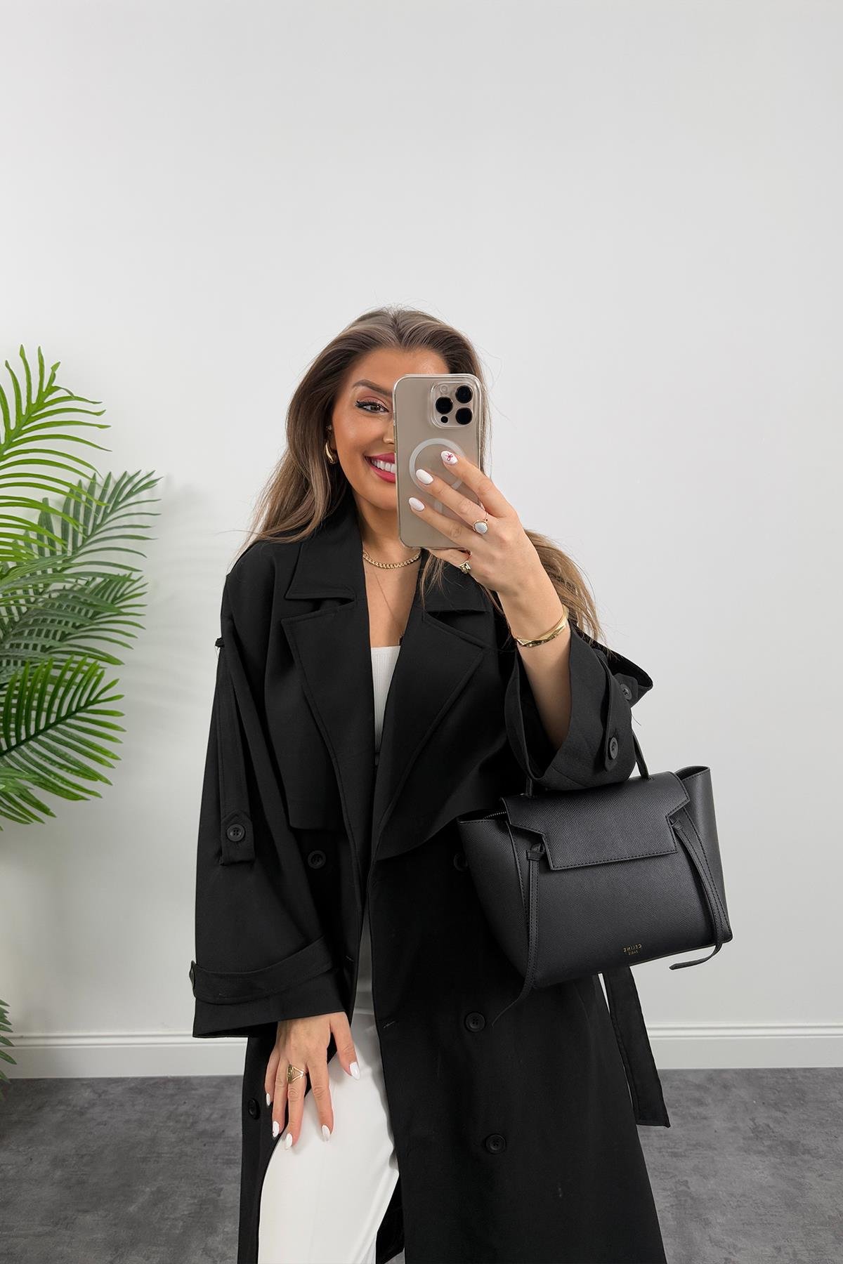 Premium Kalite Poliviskon Kumaş Astarlı Trençkot Siyah