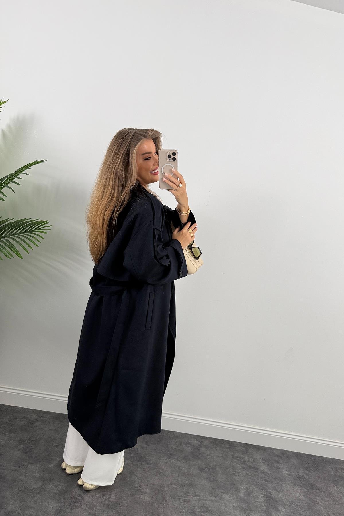 Premium Kalite Poliviskon Kumaş Astarlı Trençkot Lacivert