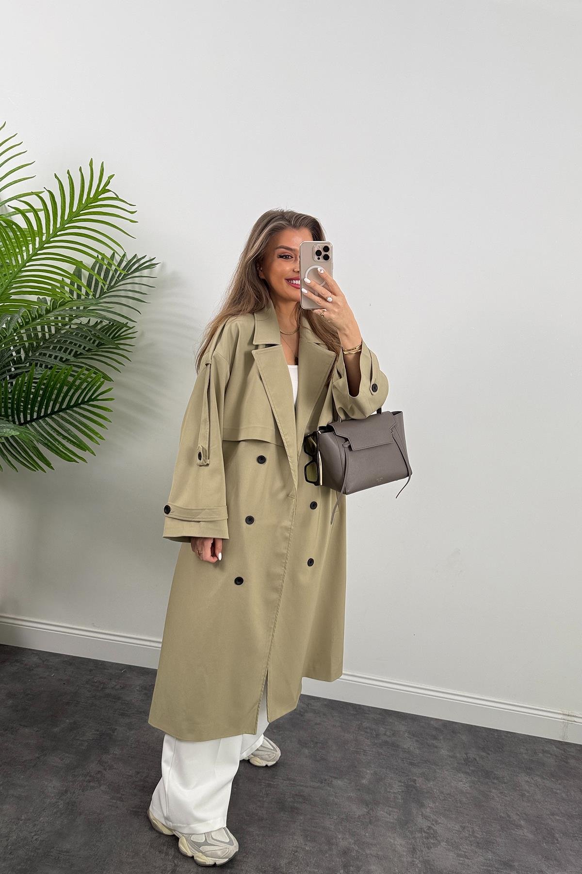 Premium Kalite Poliviskon Kumaş Astarlı Trençkot Yeşil