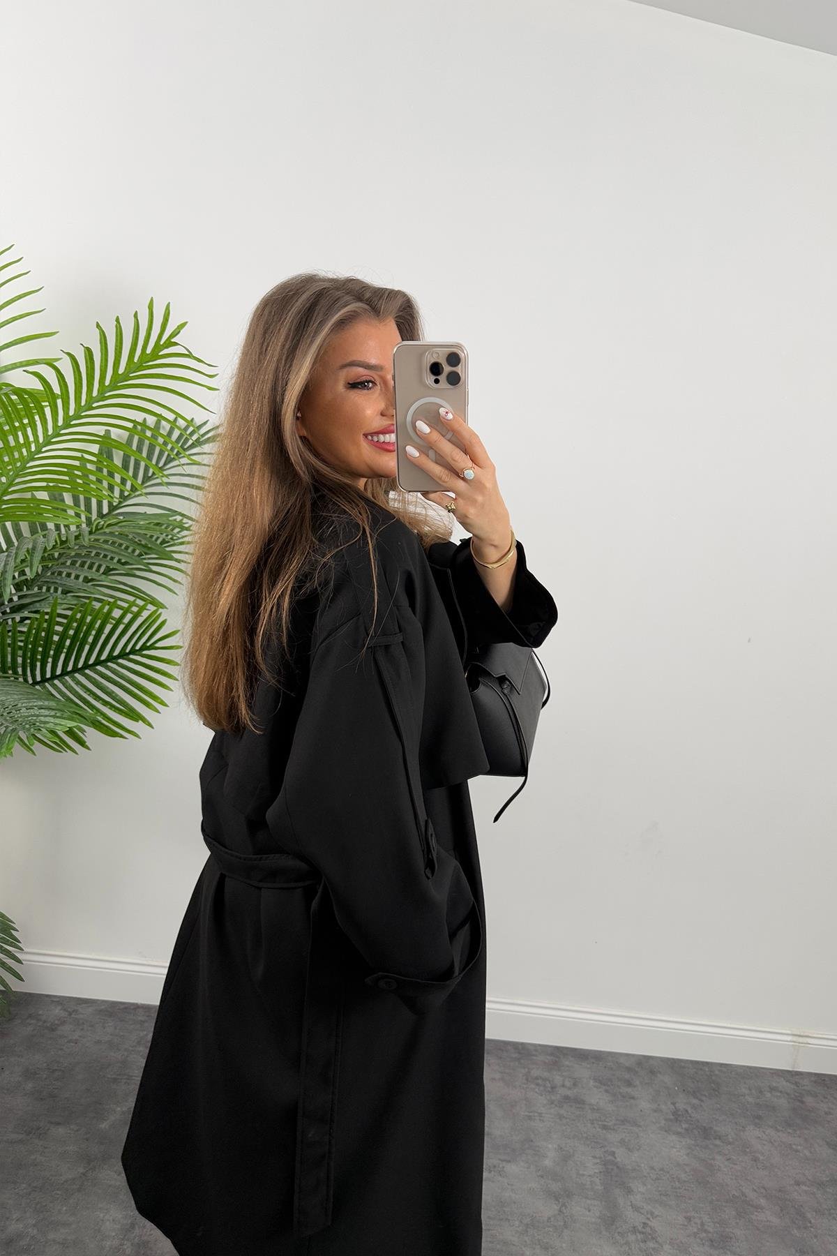 Premium Kalite Poliviskon Kumaş Astarlı Trençkot Siyah