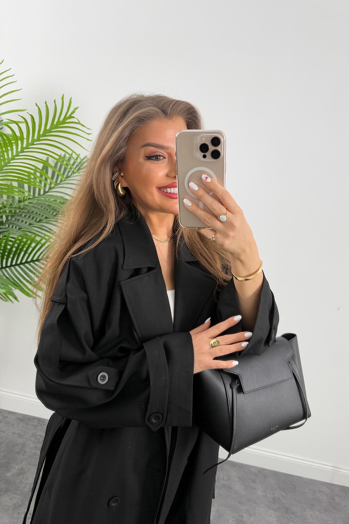 Premium Kalite Poliviskon Kumaş Astarlı Trençkot Siyah