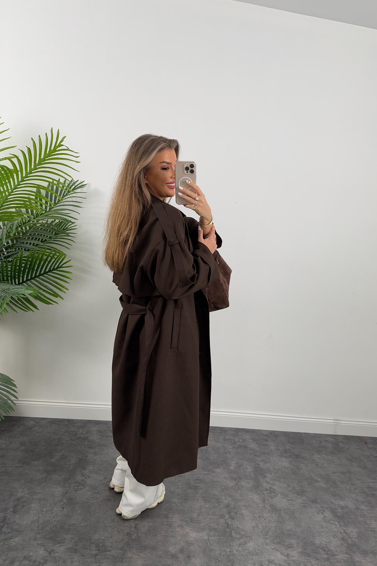 Premium Kalite Poliviskon Kumaş Astarlı Trençkot Acı Kahve