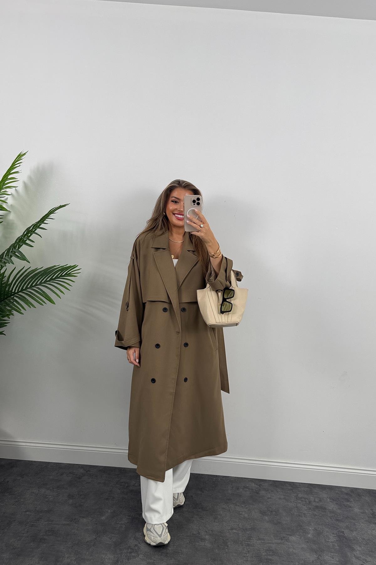 Premium Kalite Poliviskon Kumaş Astarlı Trençkot Karamel