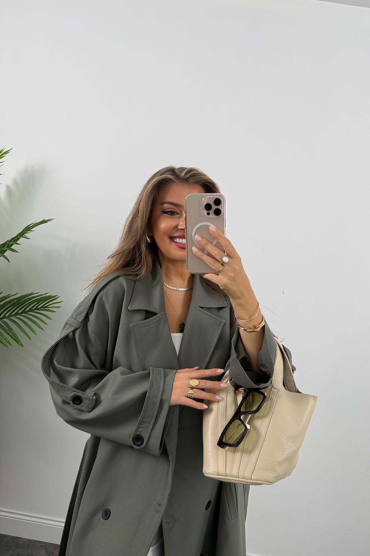 Premium Kalite Poliviskon Kumaş Astarlı Trençkot Orjinal Haki