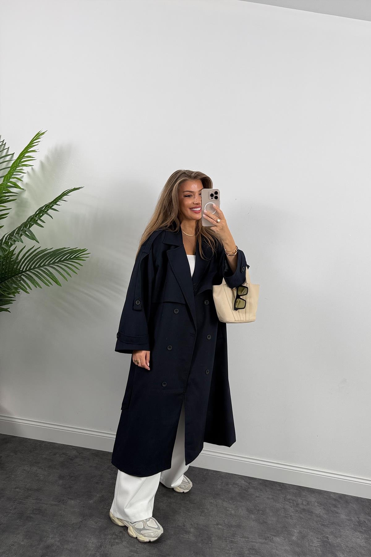 Premium Kalite Poliviskon Kumaş Astarlı Trençkot Lacivert